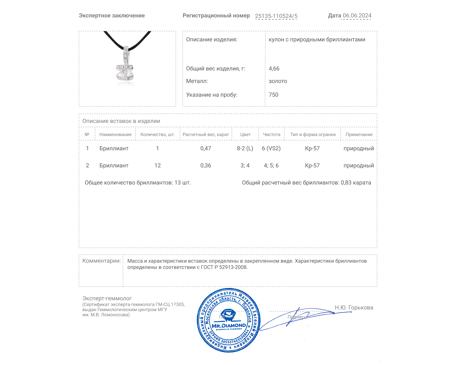 Золотой кулон с бриллиантами 0.83ct