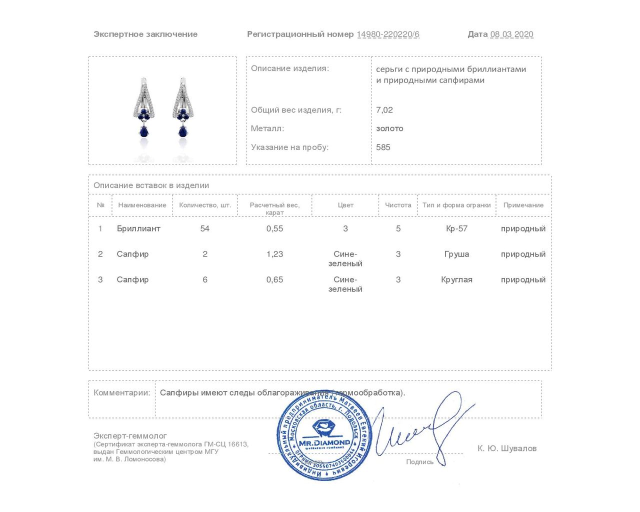 Изумительные золотые серьги с сапфирами 1.23ct
