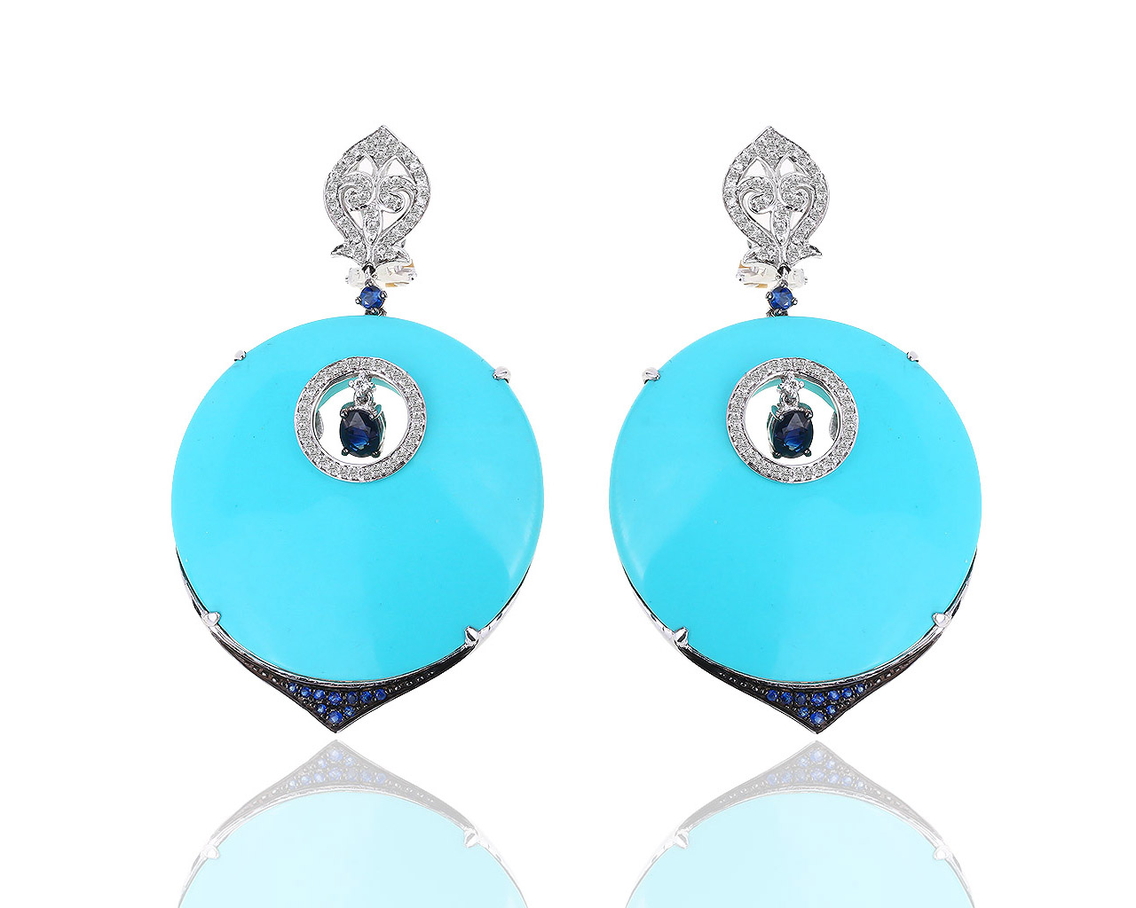 Золотые серьги с бирюзой, сапфирами и бриллиантами 0.65ct 271118/3