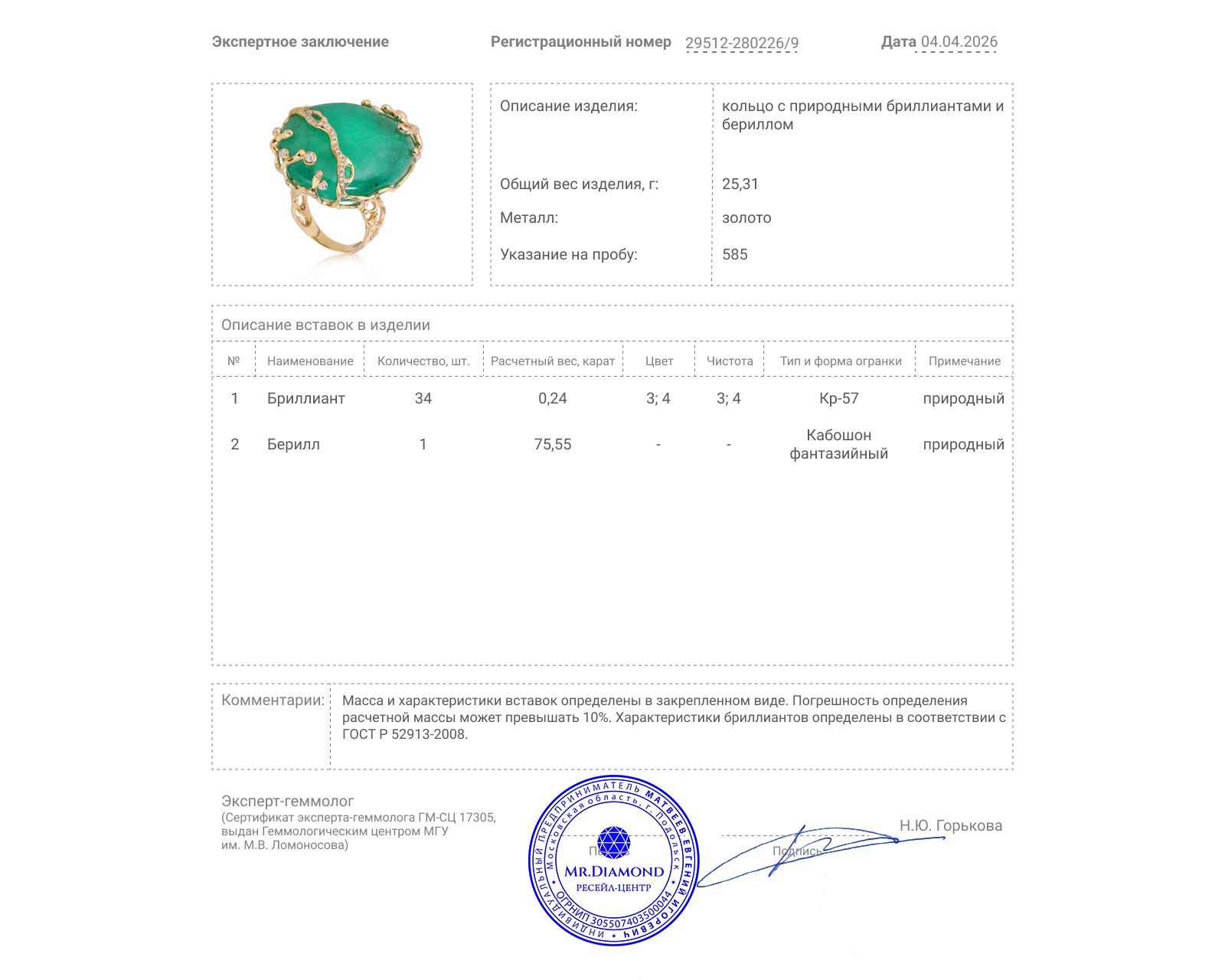 Золотое кольцо с бериллом 75.55ct и бриллиантами 0.24ct