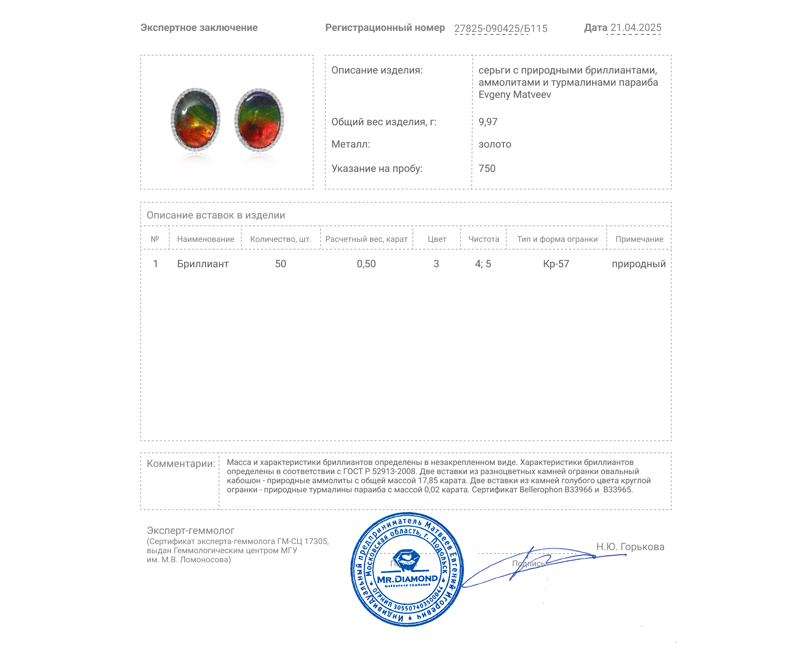 Золотые серьги с аммолитами 17.85ct Evgeny Matveev