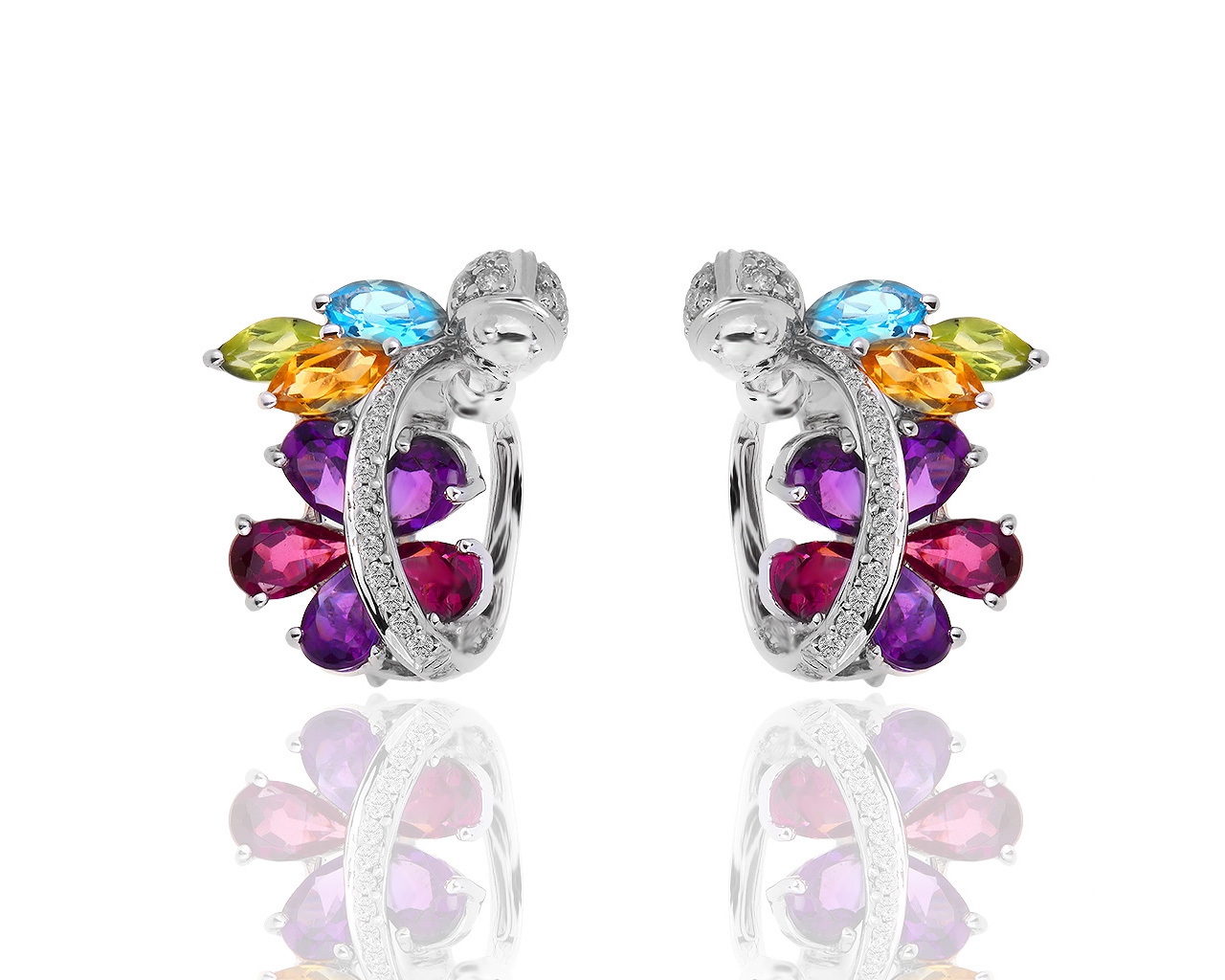 Интересные золотые серьги с бриллиантами и цветными камнями 030419/11