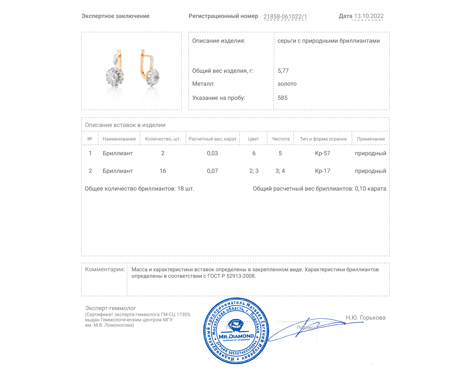 Чарующие золотые серьги с бриллиантами 0.10ct
