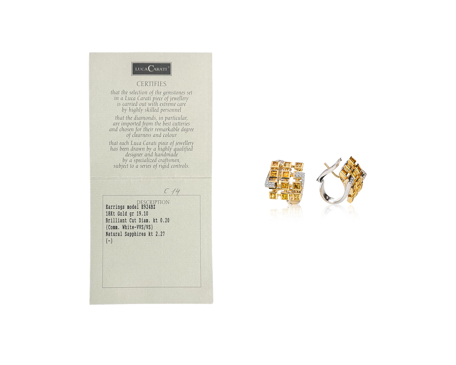 Оригинальные золотые серьги с желтыми сапфирами 2.27ct Luca Carati