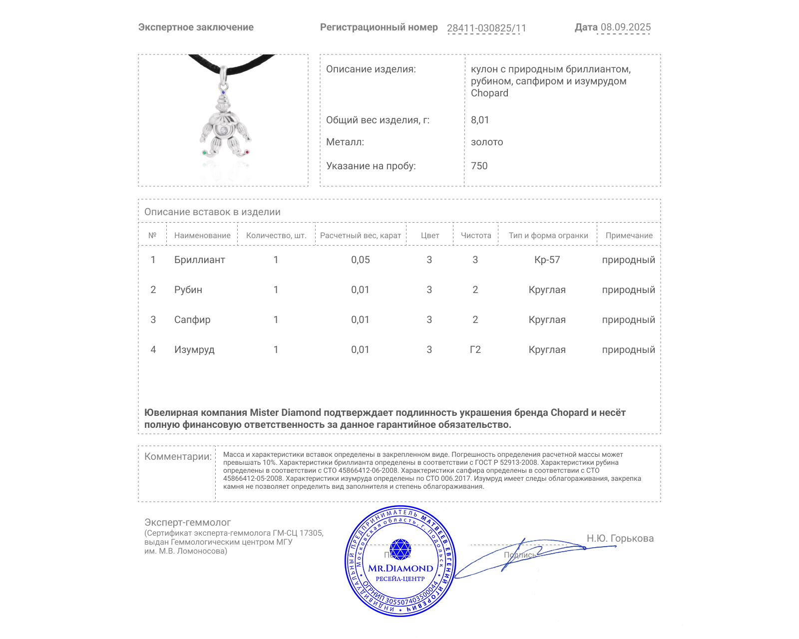 Оригинальный золотой кулон Chopard Happy Diamonds Clown
