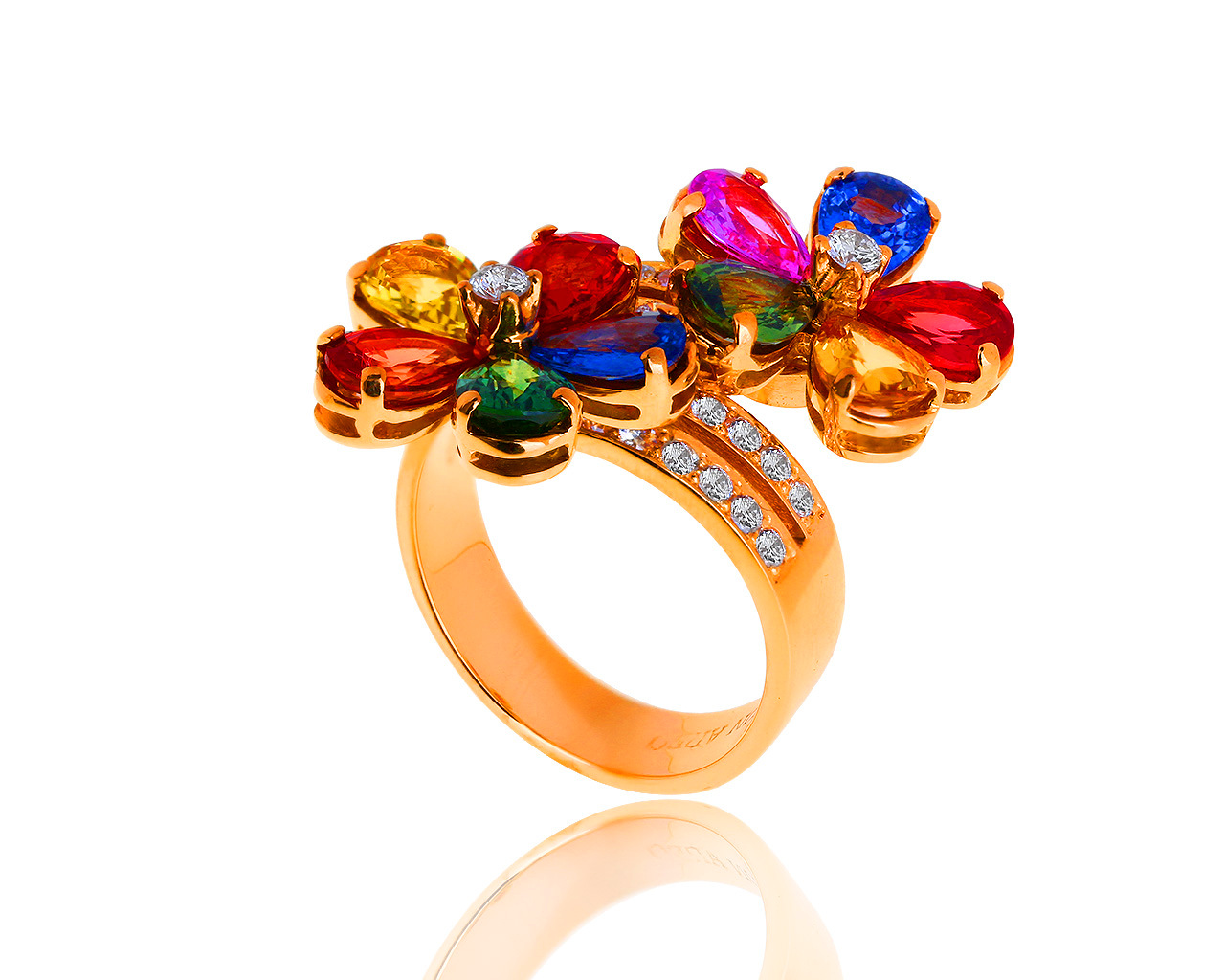Золотое кольцо с цветными сапфирами 6.80ct и бриллиантами 0.72ct 060419/3