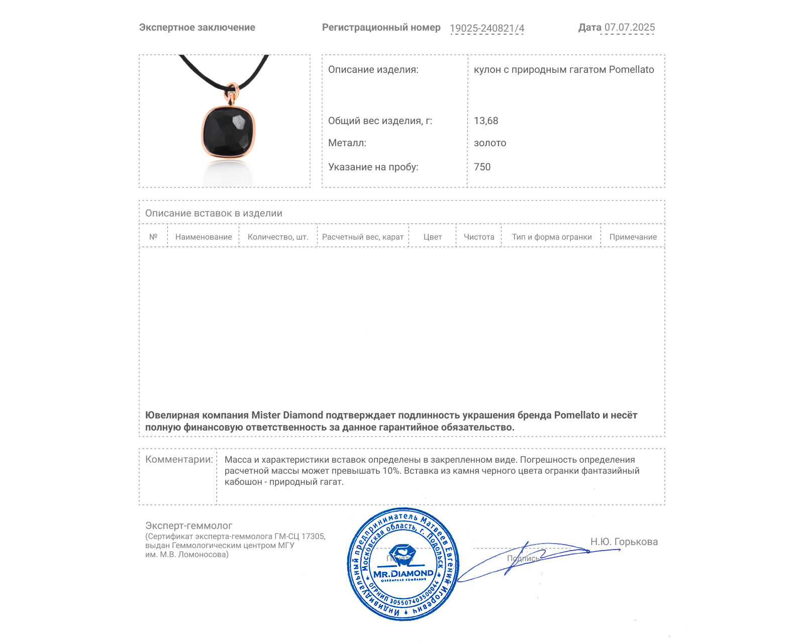 Оригинальный золотой кулон с гагатом Pomellato Victoria