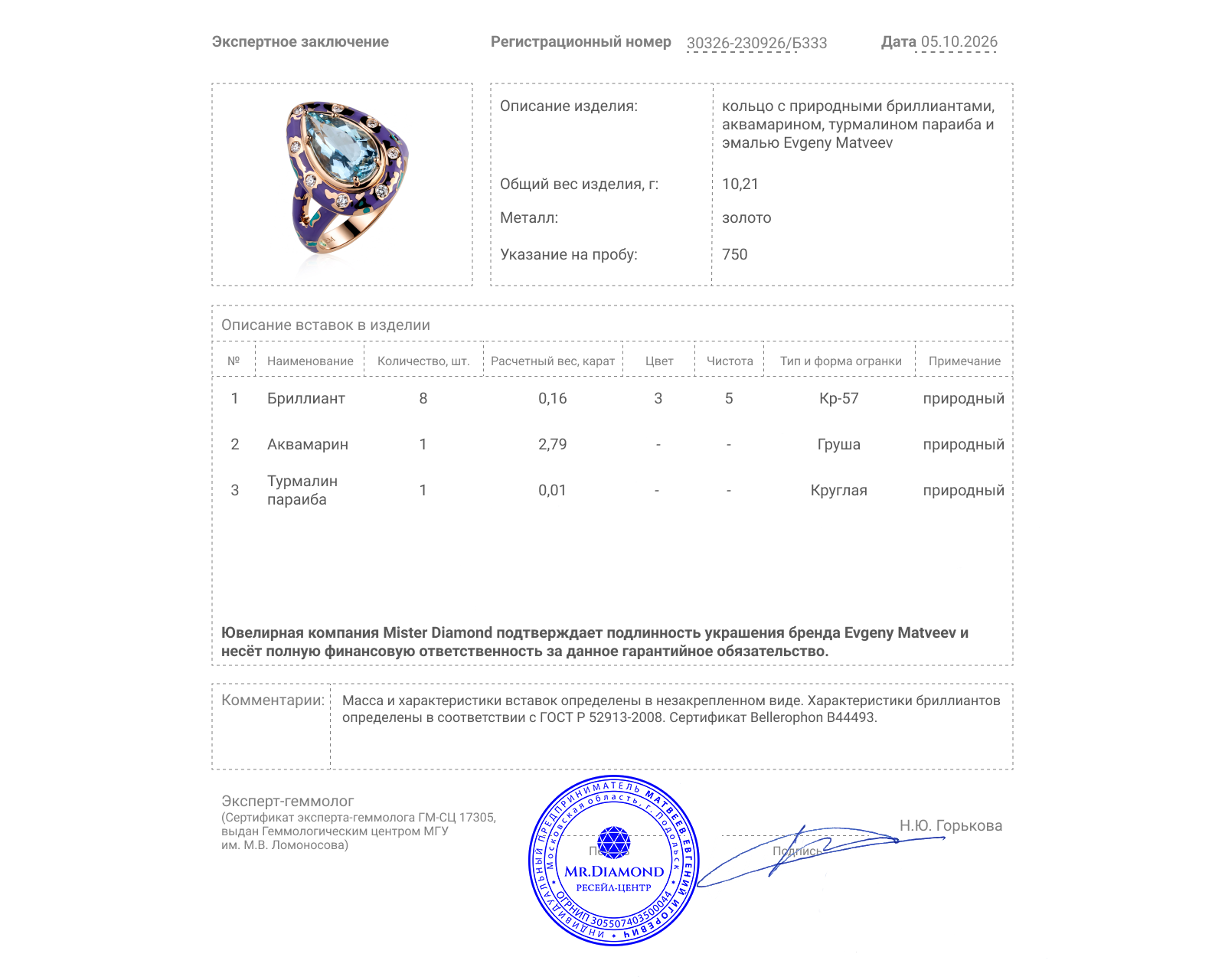 Золотое кольцо с аквамарином 2.79ct и бриллиантами 0.16ct Evgeny Matveev