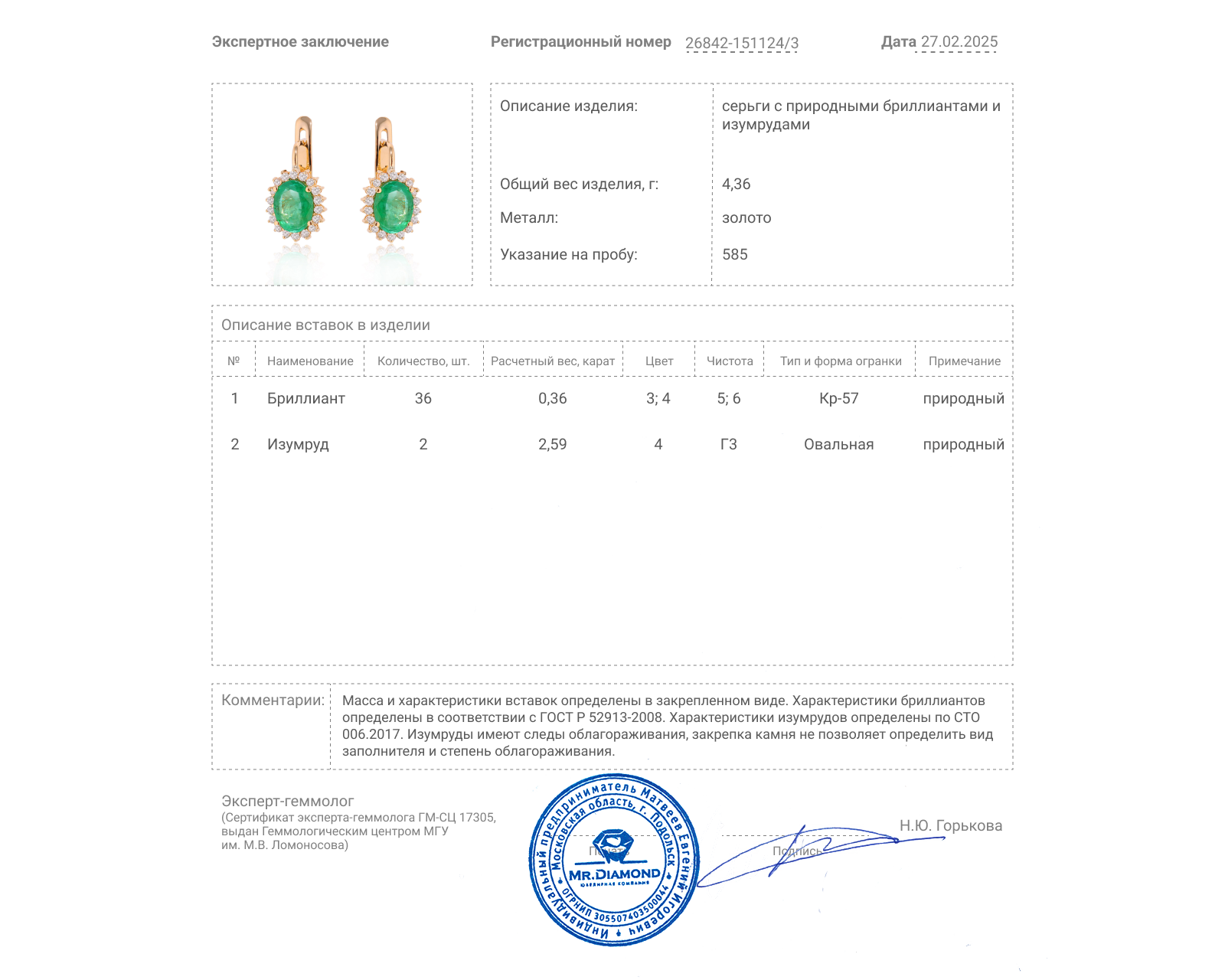 Золотые серьги с изумрудами 2.59ct и бриллиантами 0.36ct
