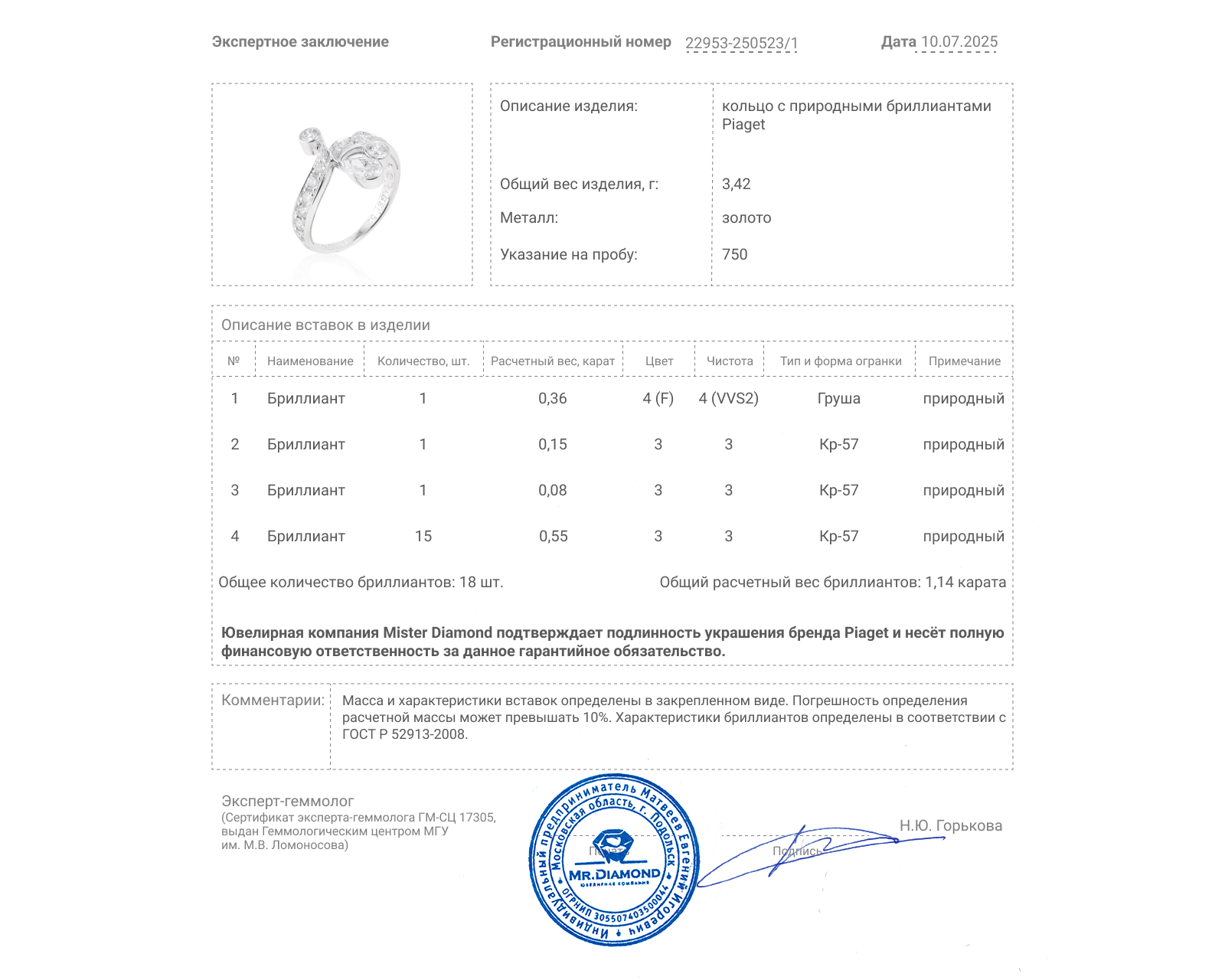 Оригинальное золотое кольцо с бриллиантами 1.14ct Piaget