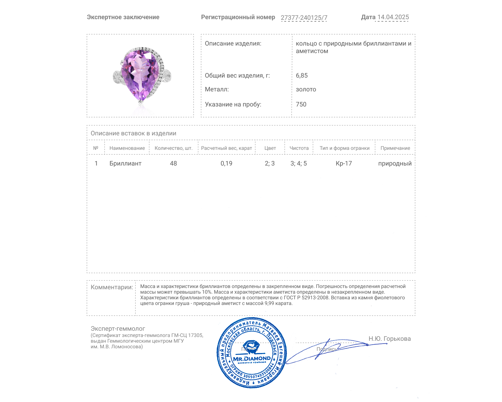 Золотое кольцо с аметистом 9.99ct и бриллиантами 0.19ct
