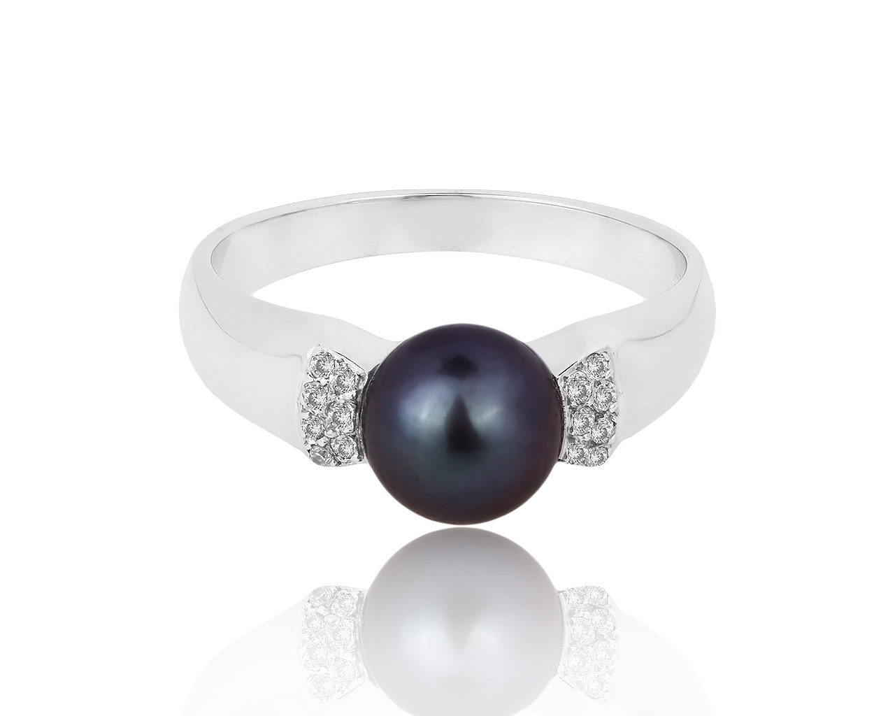 Золотое кольцо с черным жемчугом и бриллиантами 0.10ct 290419/1