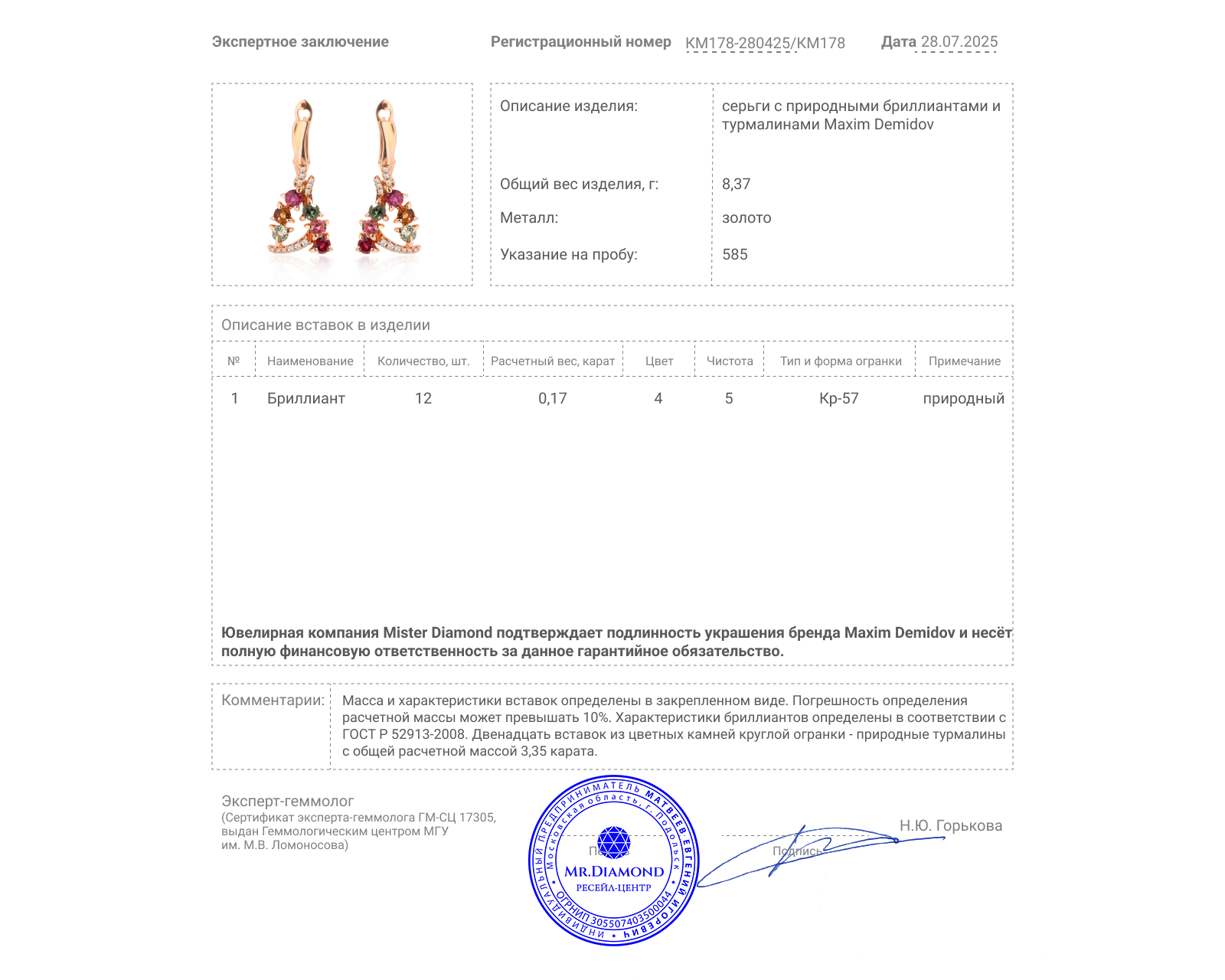 Оригинальные золотые серьги с турмалинами 3.35ct Maxim Demidov
