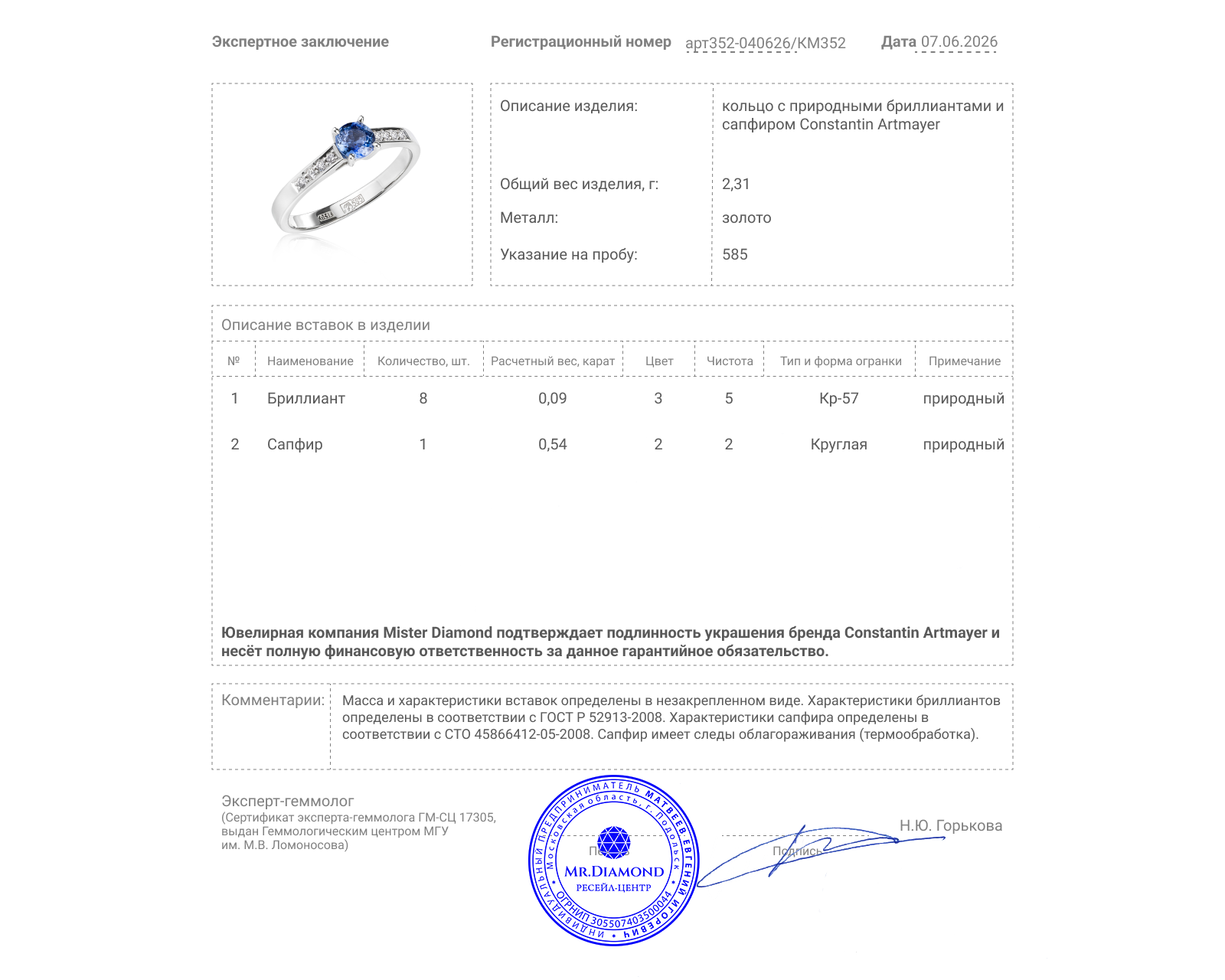 Оригинальное золотое кольцо с сапфиром 0.54ct Constantin Artmayer