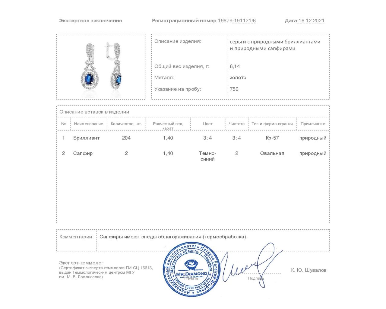 Безупречные золотые серьги с сапфирами 1.40ct