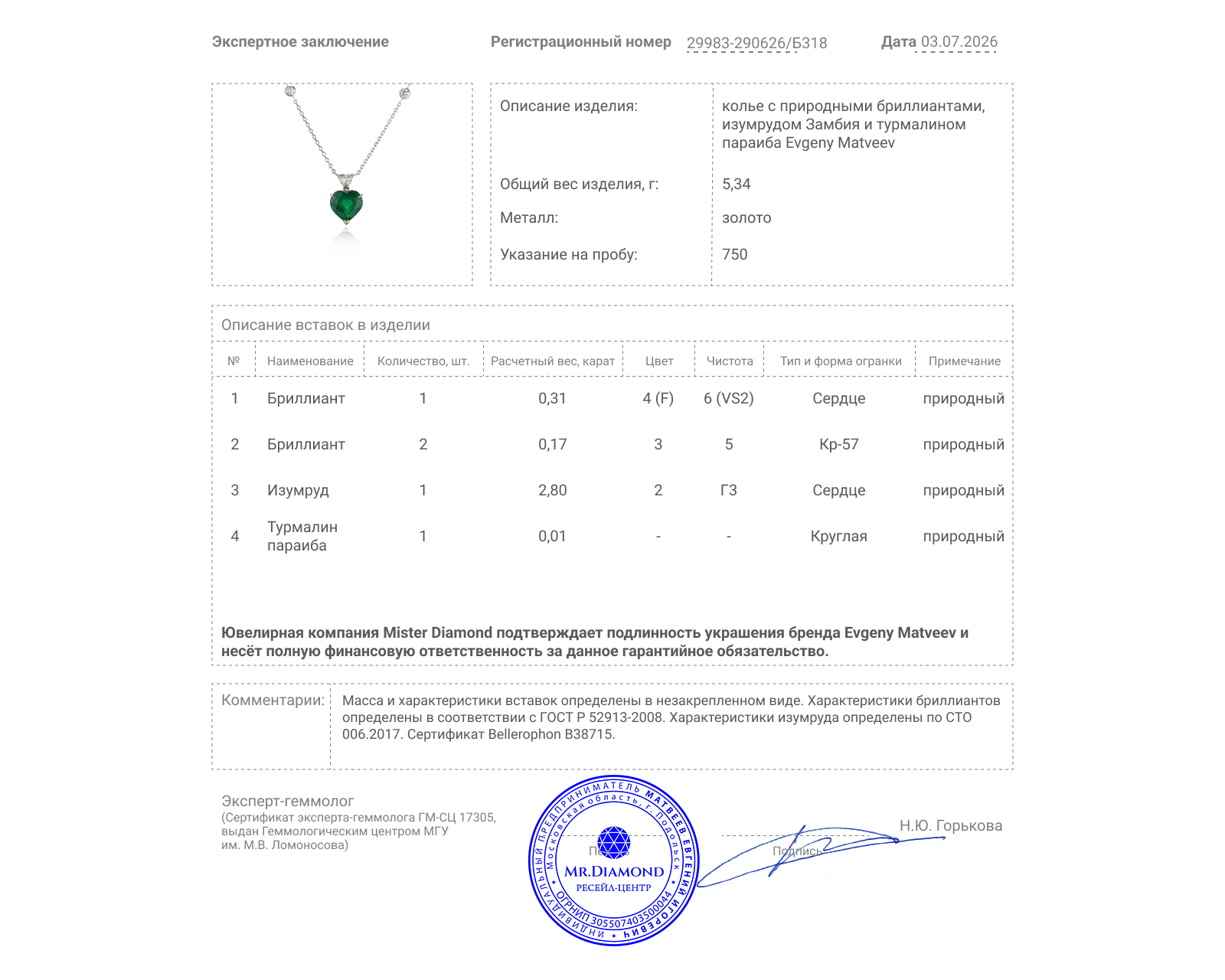 Золотое колье с изумрудом Замбия 2.80ct Evgeny Matveev