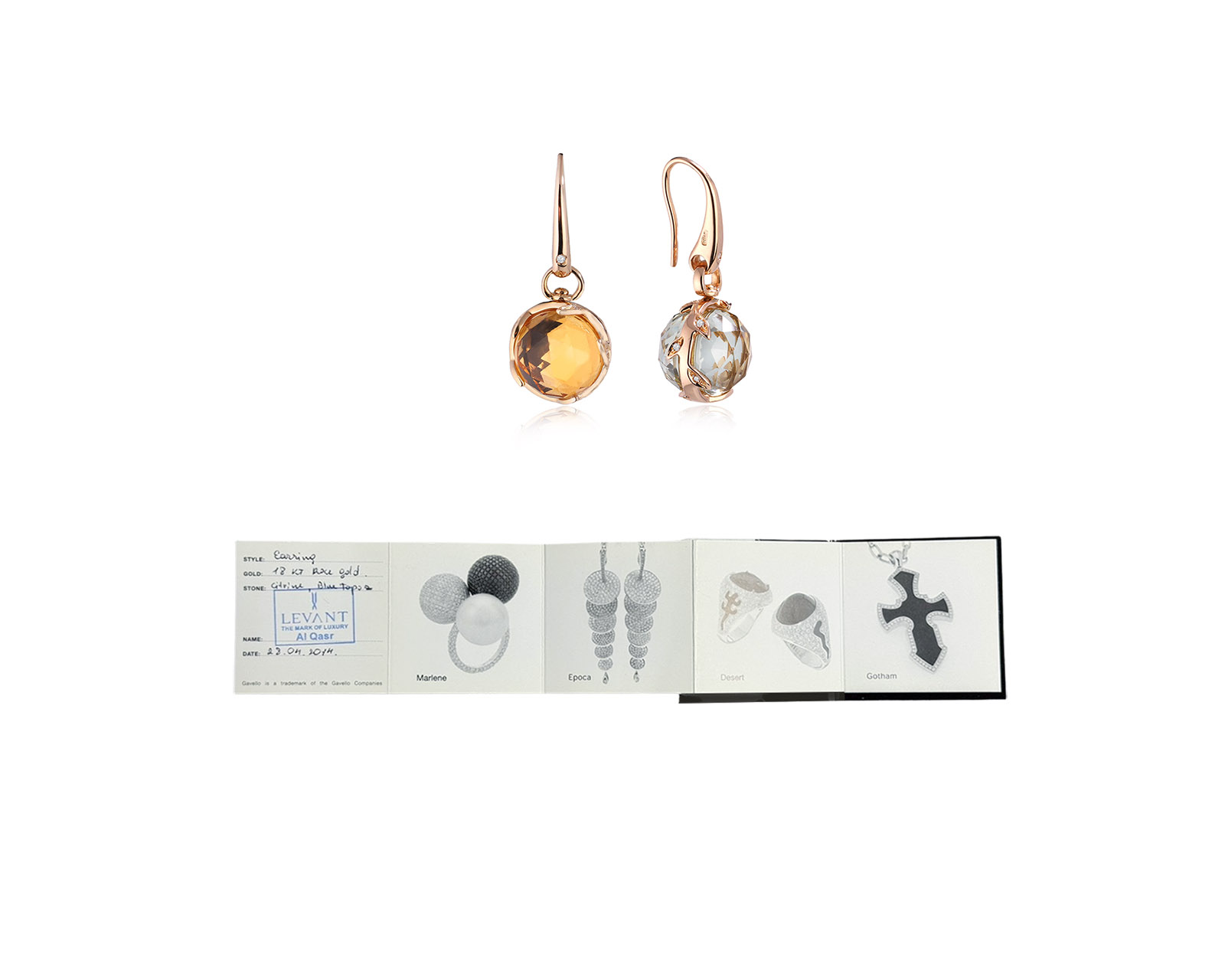 Оригинальные золотые серьги с цитринами 9.70ct и празиолитами 9.70ct Gavello