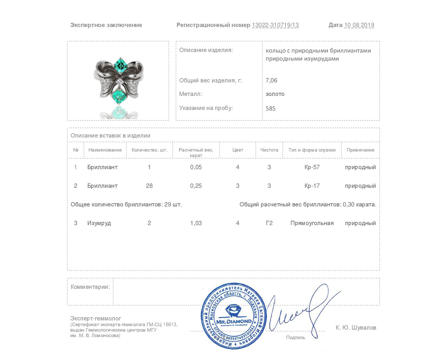 Золотое кольцо с изумрудами 1.03ct и бриллиантами 0.30ct