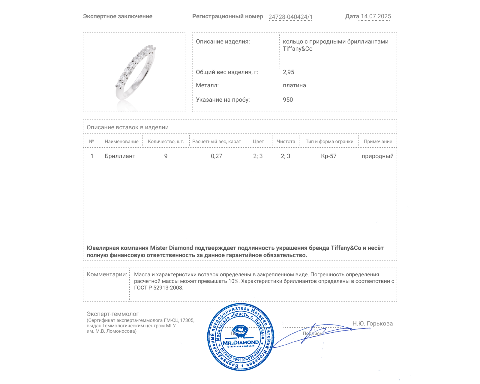Оригинальное платиновое кольцо с бриллиантами 0.27ct Tiffany&Co Forever