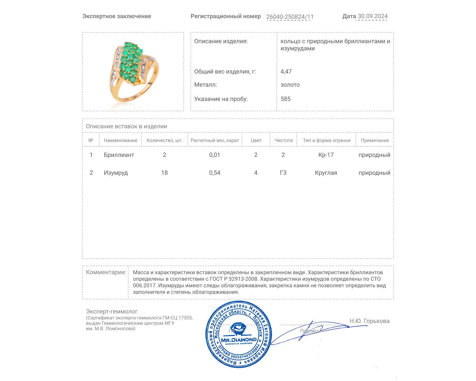 Золотое кольцо с изумрудами 0.54ct и бриллиантами 0.01ct