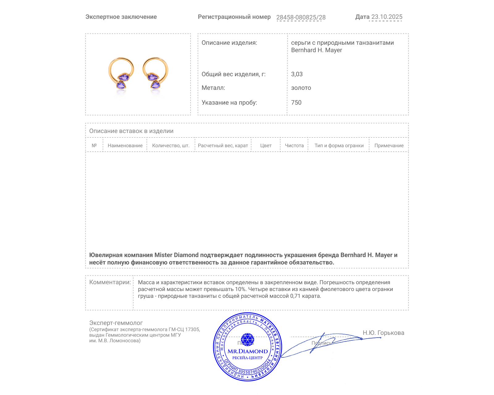 Оригинальные золотые серьги Bernhard H. Mayer Blue Drop