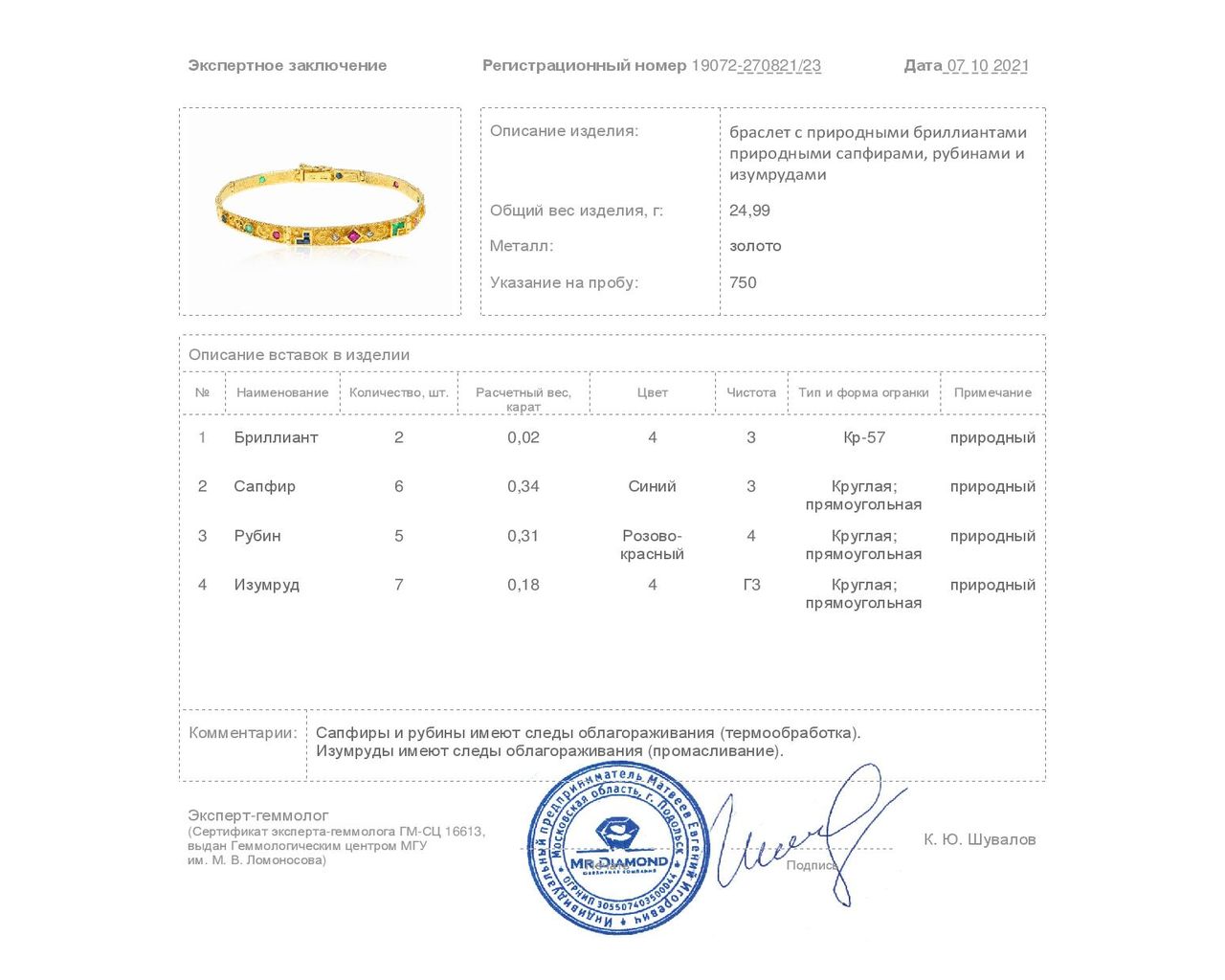 Великолепный золотой браслет с цветными камнями 0.83ct