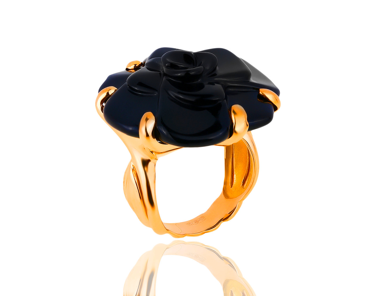 Оригинальное золотое кольцо с ониксом Chanel Camelia 170519/7