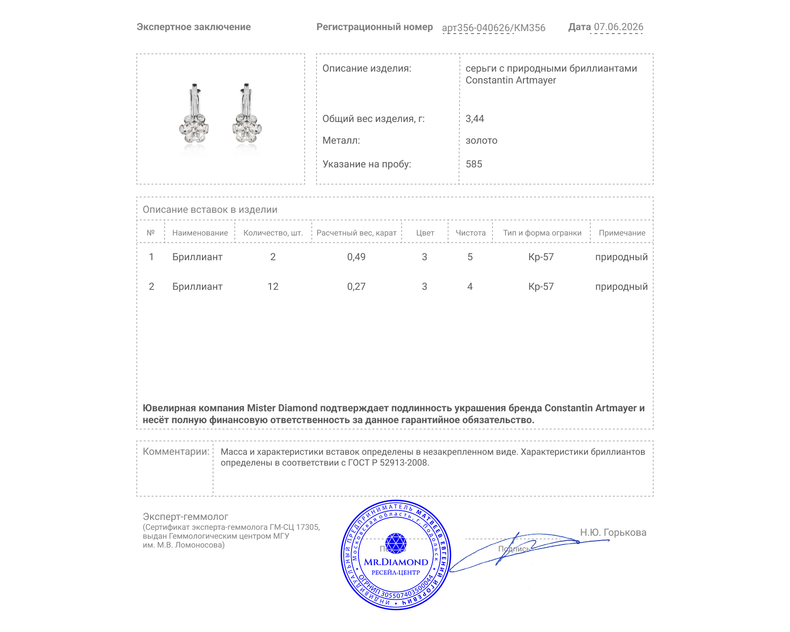 Оригинальные золотые серьги с бриллиантами 0.76ct Constantin Artmayer