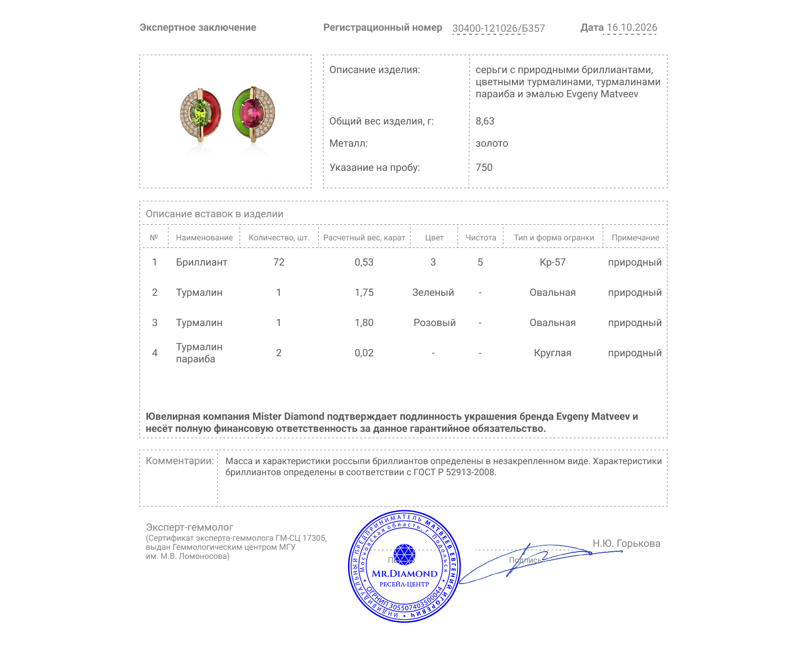 Золотые серьги с цветными турмалинами 3.55ct Evgeny Matveev