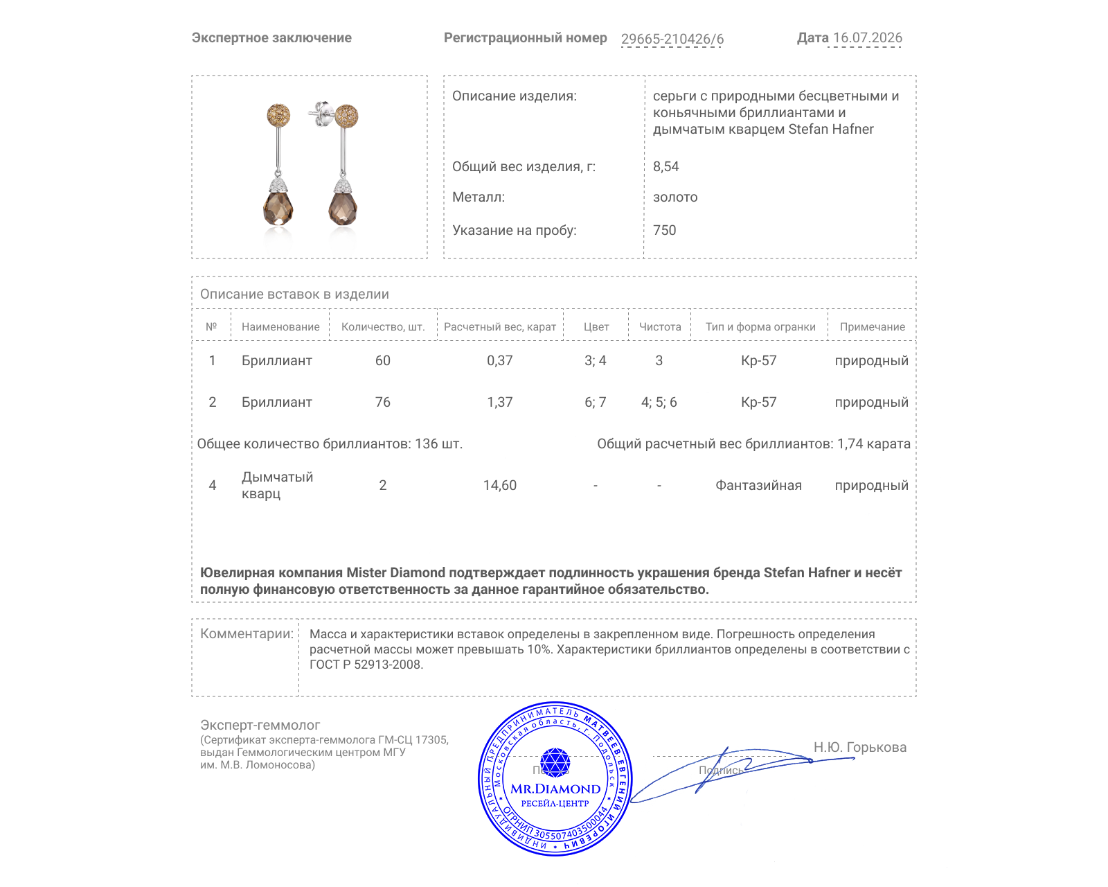 Оригинальные золотые серьги с дымчатым кварцем 14.60ct Stefan Hafner