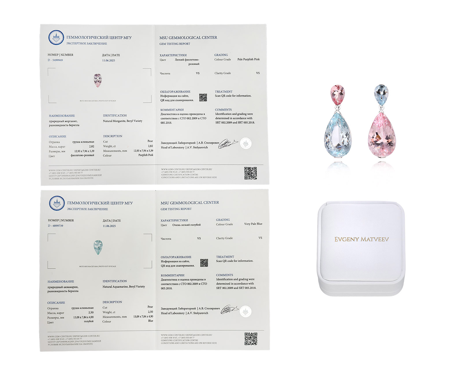 Золотые серьги с морганитами 3.20ct и аквамаринами 2.85ct Evgeny Matveev