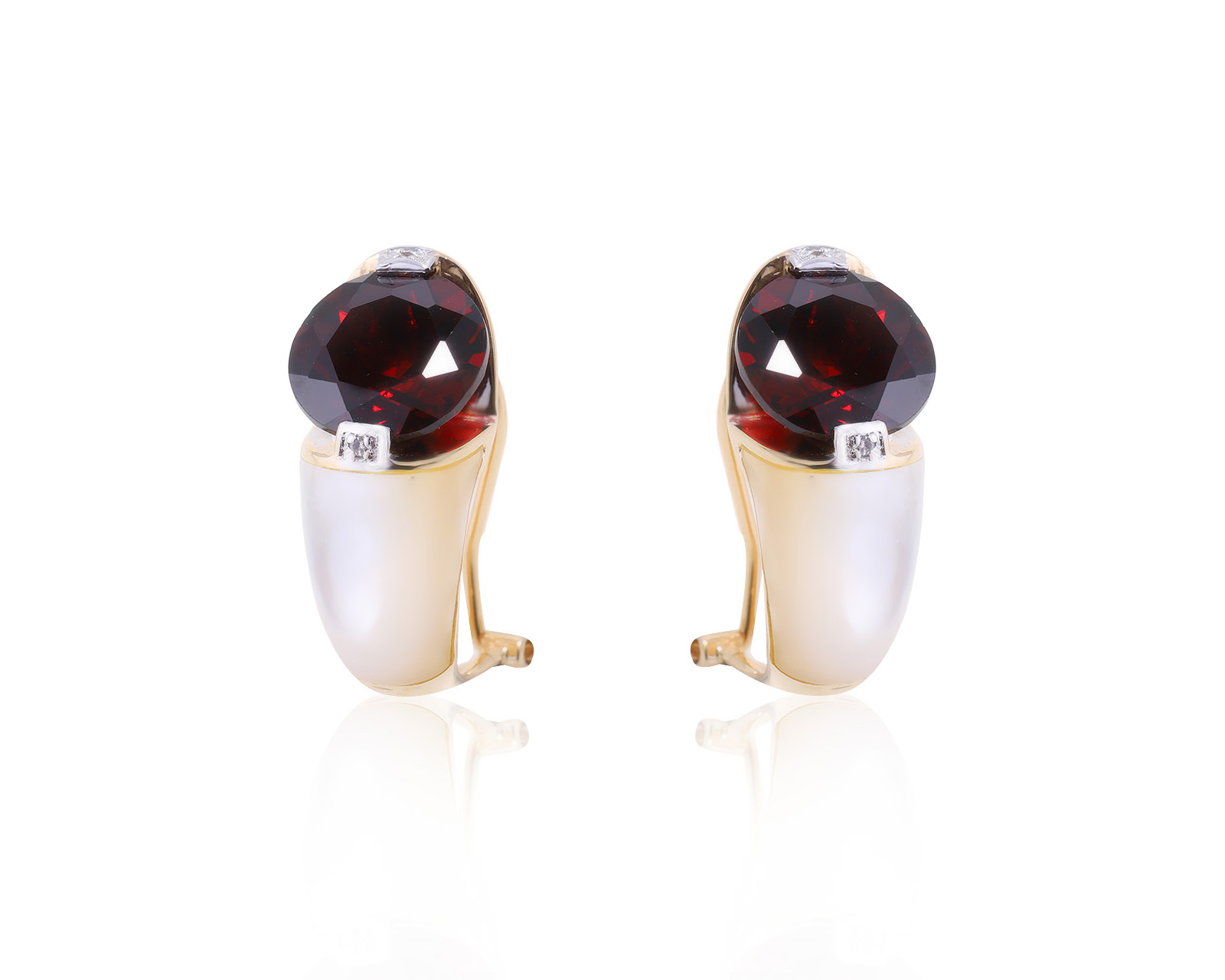 Золотые серьги с перламутром 6.40ct и гранатами 8.60ct