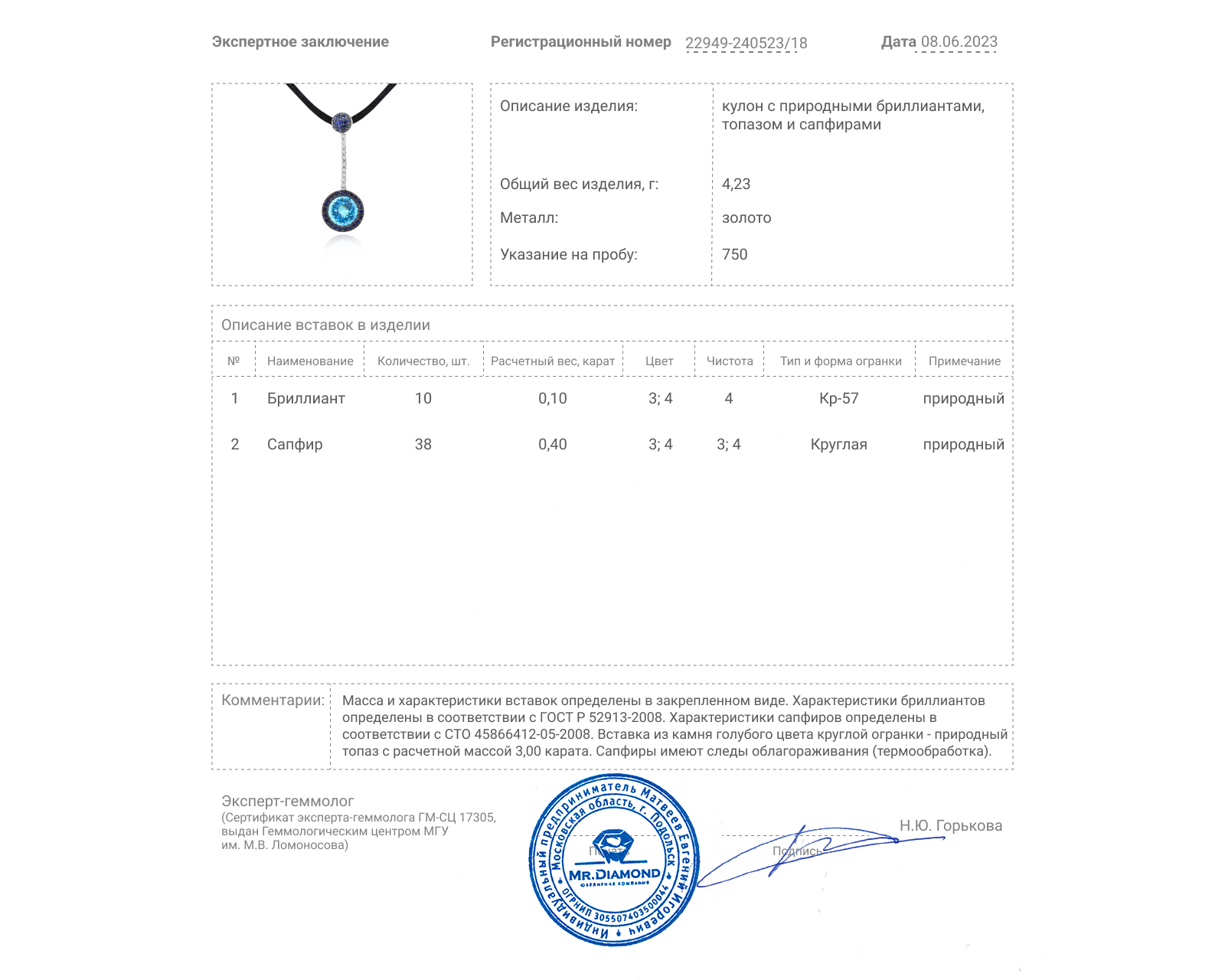Золотой кулон с топазом 3.00ct и сапфирами 0.40ct