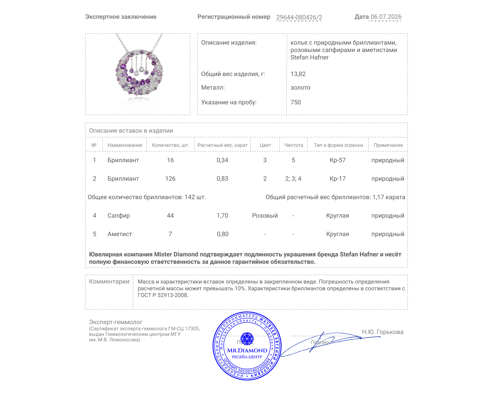 Оригинальное золотое колье с сапфирами 1.70ct и аметистами 0.80ct Stefan Hafner