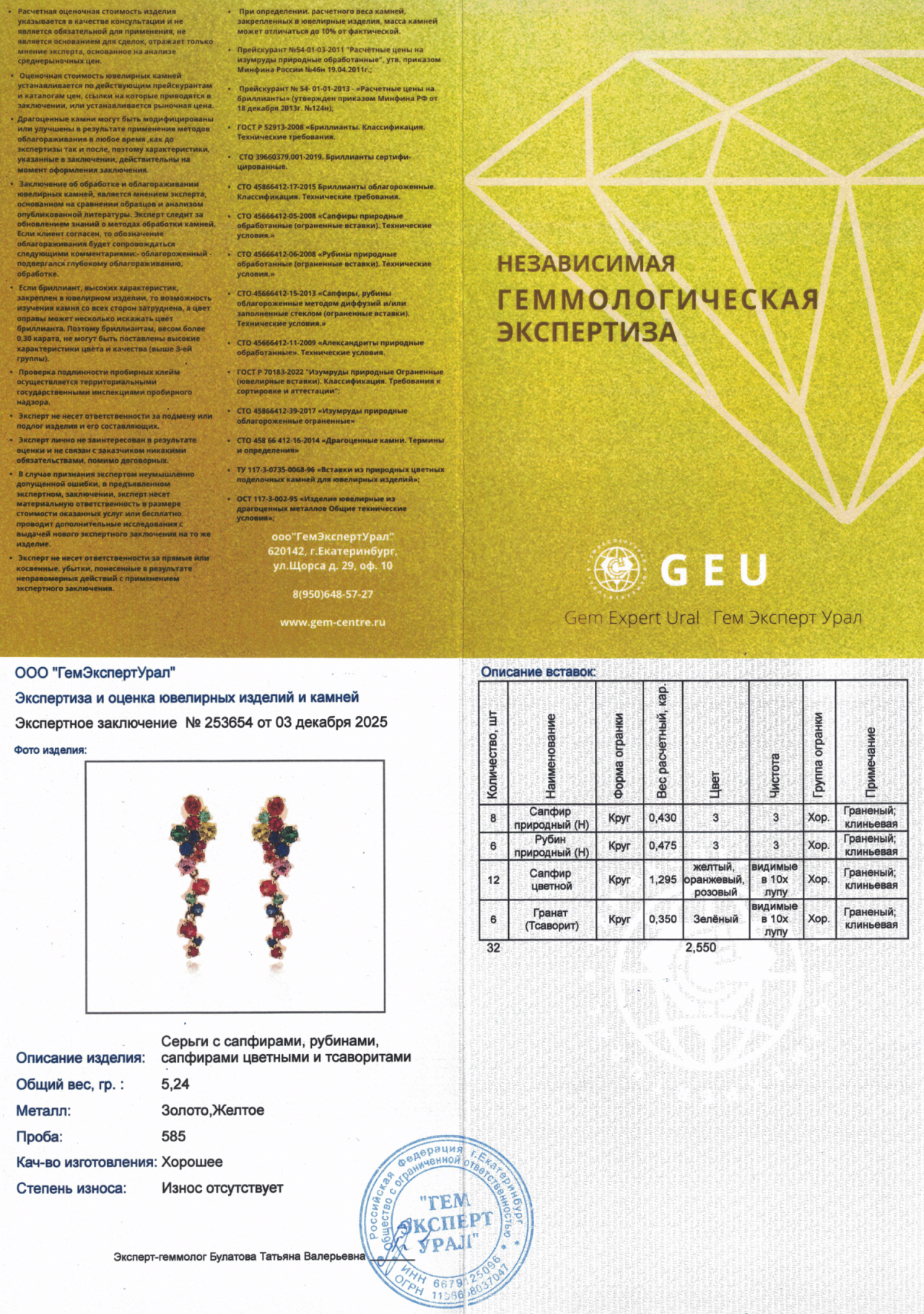 Оригинальные золотые серьги с цветными камнями 2.54ct Constantin Artmayer