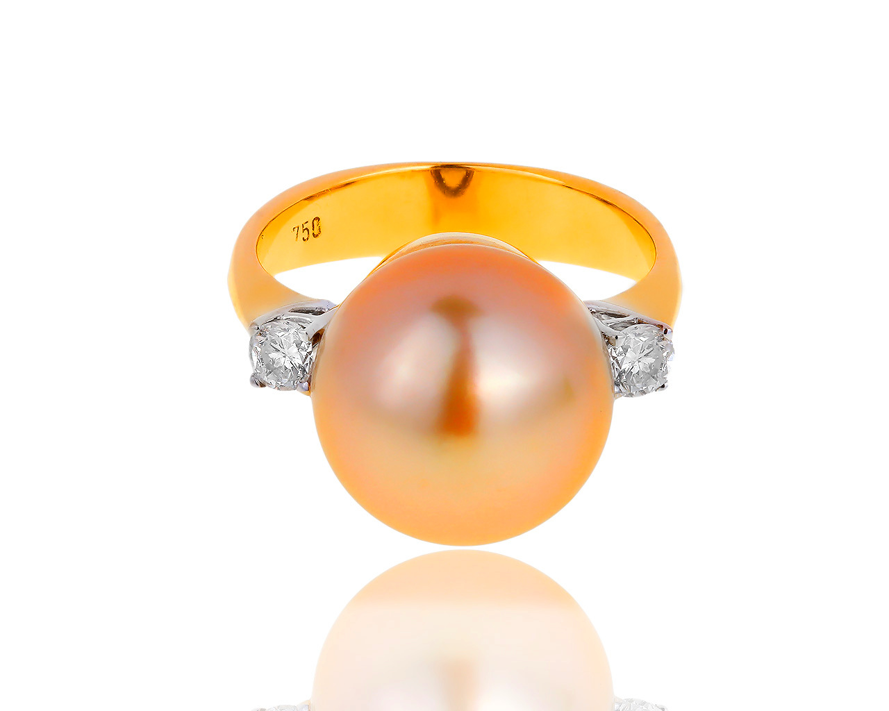 Золотое кольцо с золотистым жемчугом и бриллиантами 0.20ct