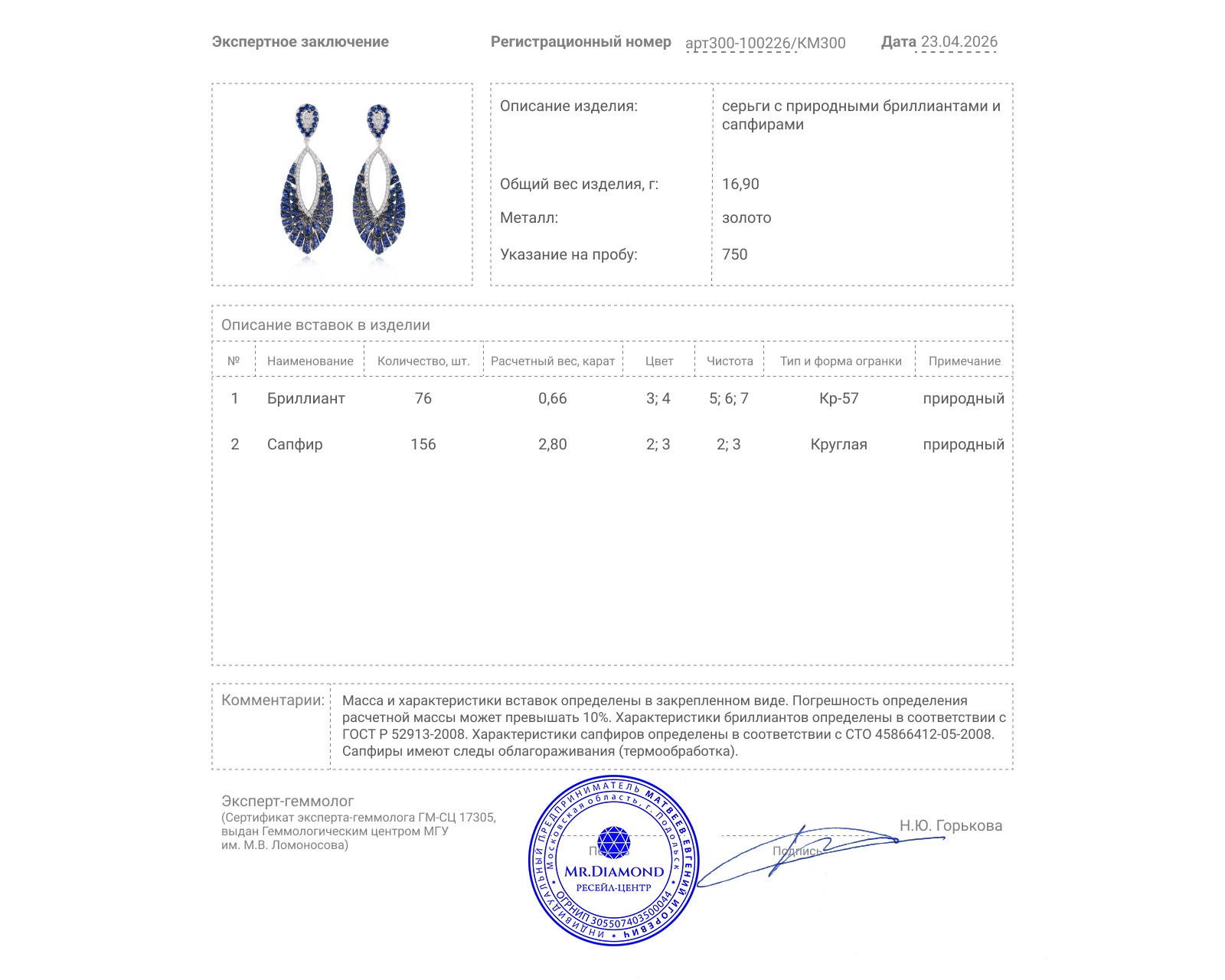 Золотые серьги с сапфирами 2.80ct и бриллиантами 0.66ct