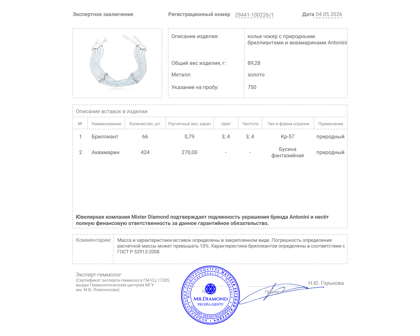 Оригинальное золотое колье чокер с аквамаринами 270.00ct Antonini
