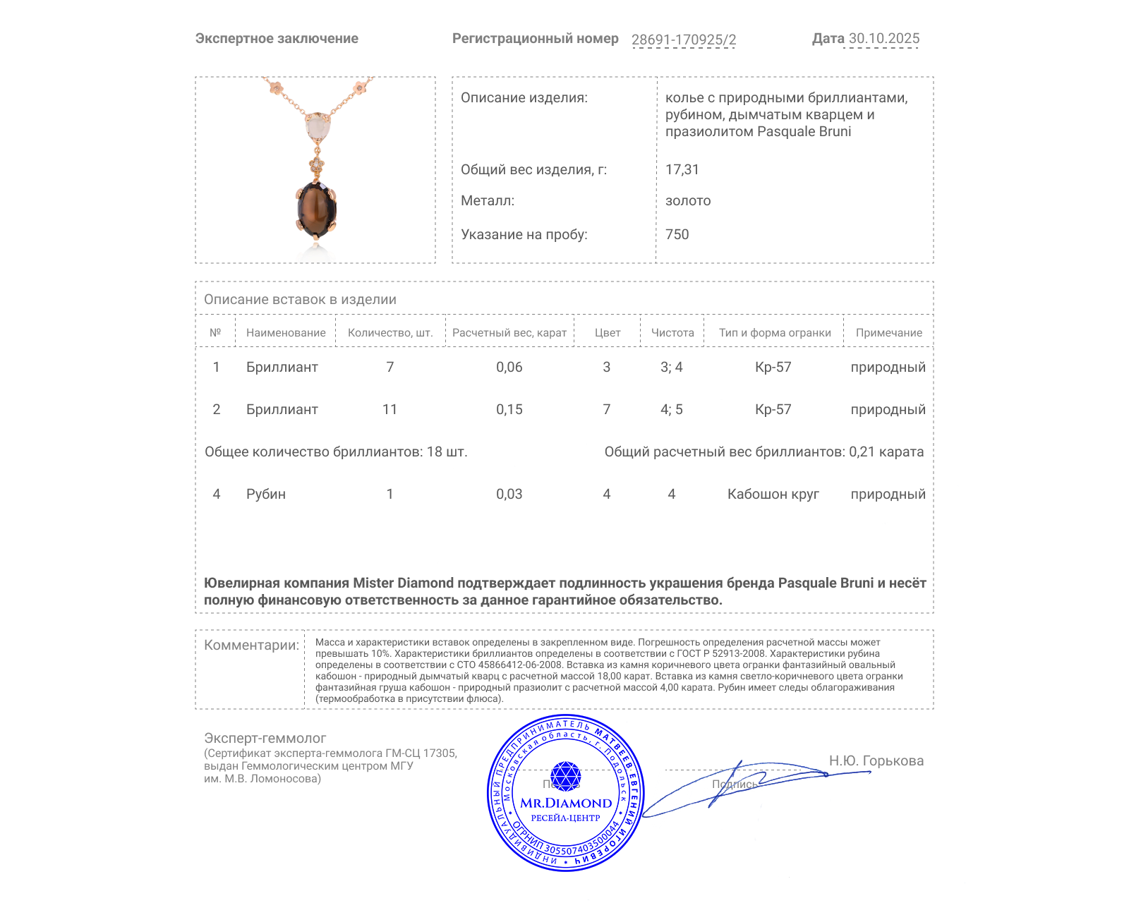 Оригинальное золотое колье с дымчатым кварцем 18.00ct Pasquale Bruni