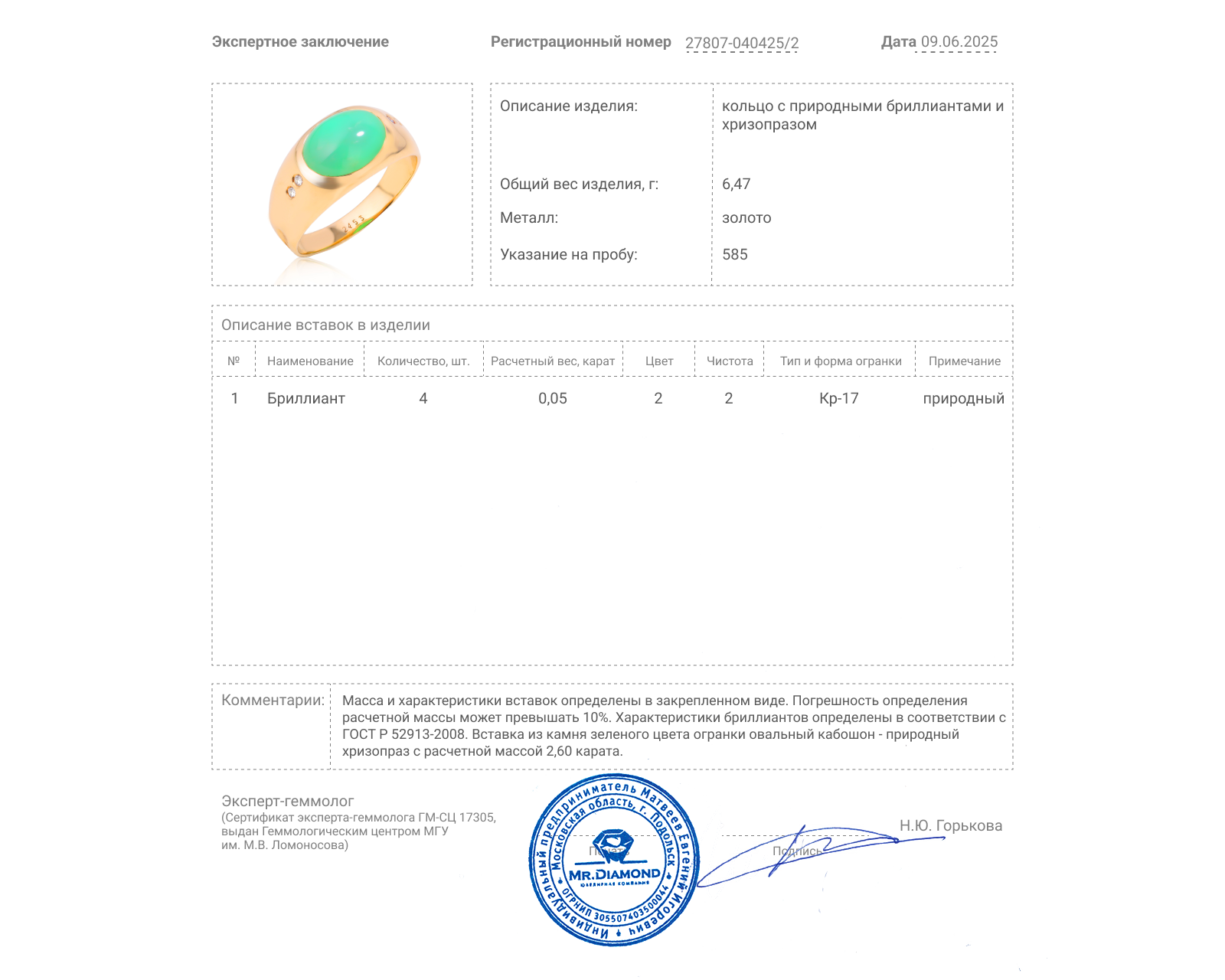 Золотое кольцо с хризопразом 2.60ct и бриллиантами 0.05ct
