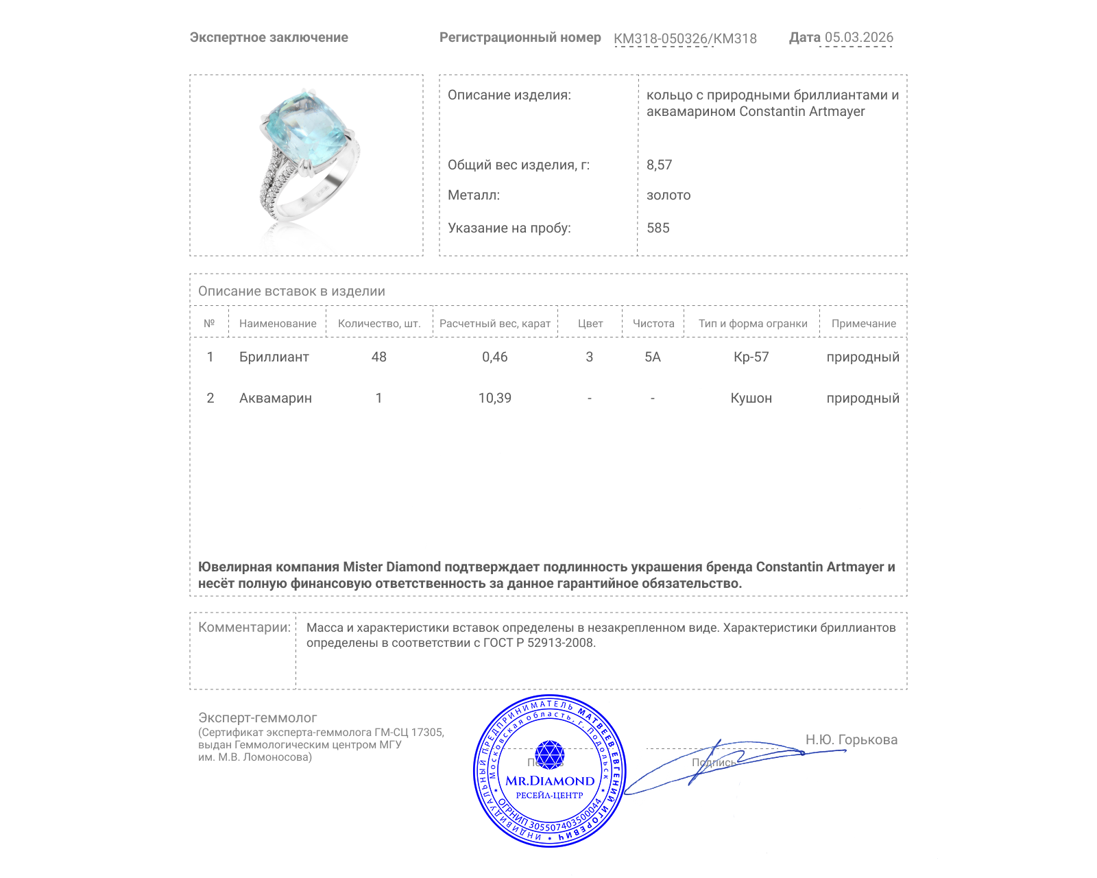 Оригинальное золотое кольцо с аквамарином 10.39ct Constantin Artmayer