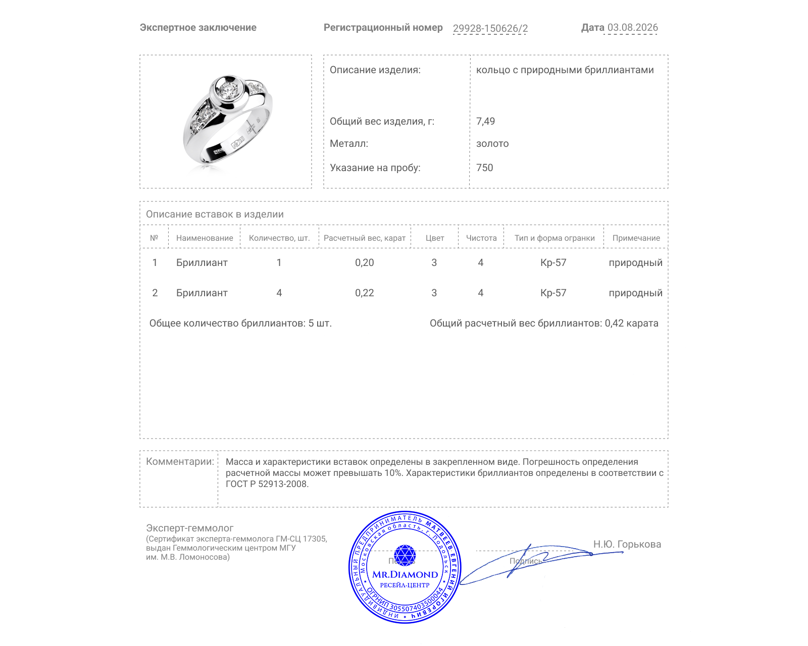 Золотое кольцо с бриллиантами 0.42ct