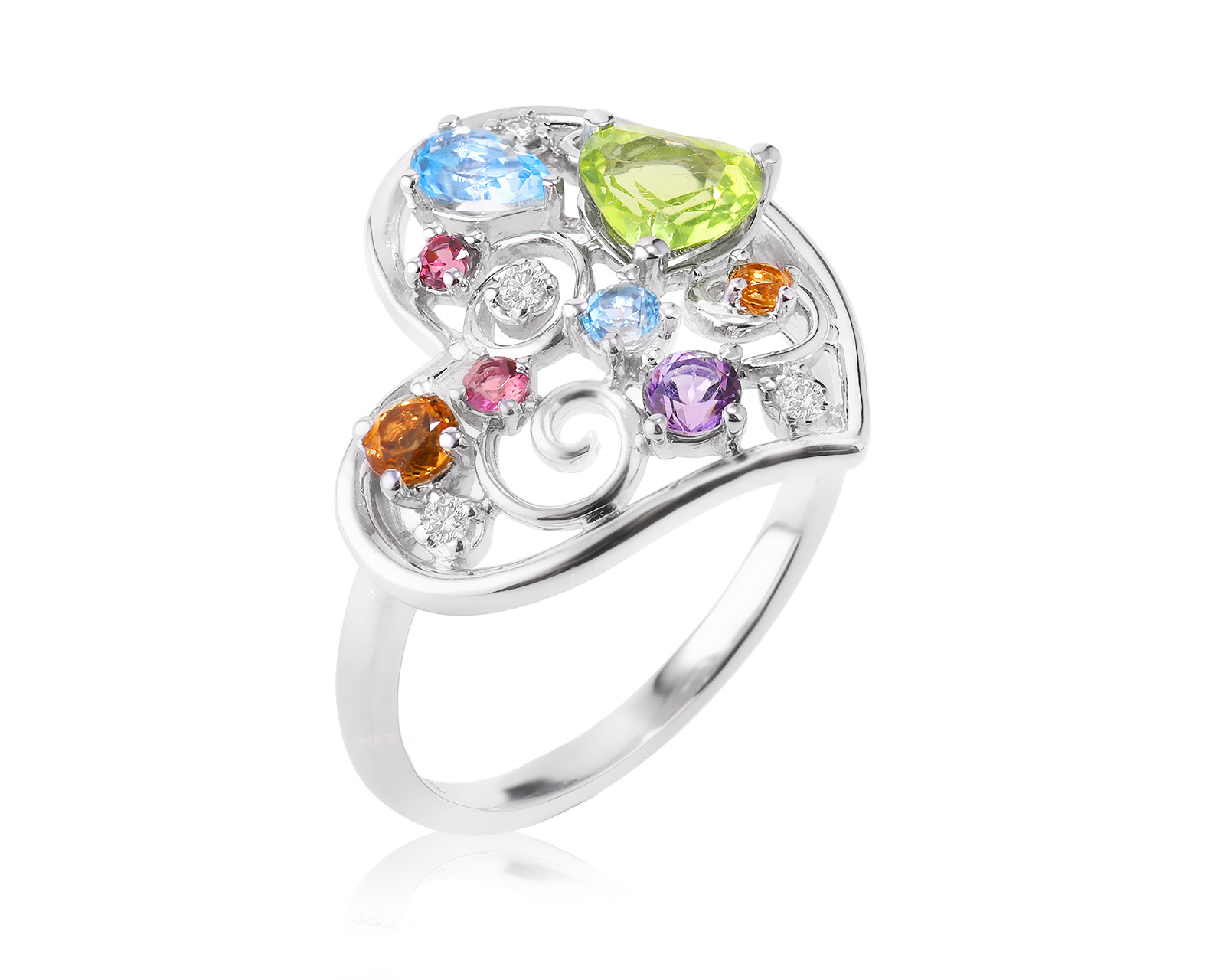 Золотое кольцо с бриллиантами 0.04ct и цветными камнями 1.45ct 221023/7