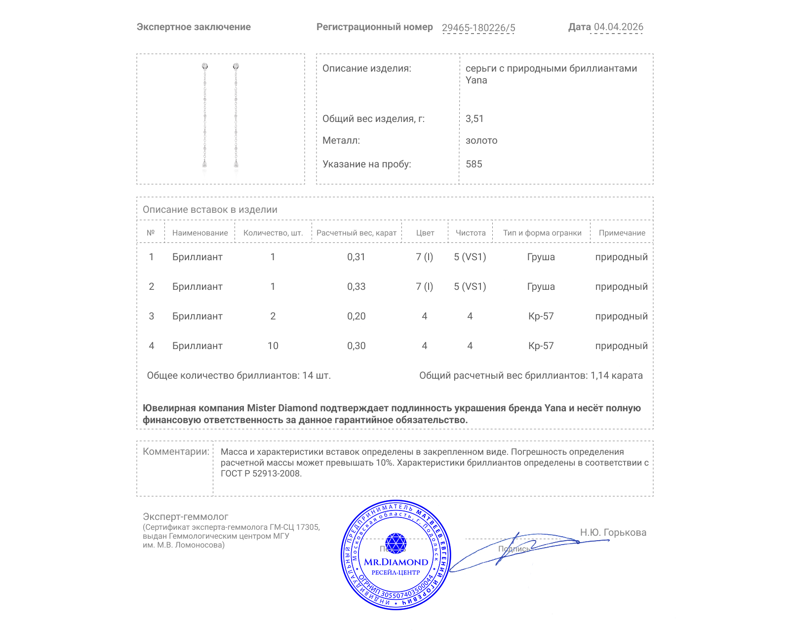 Оригинальные золотые серьги с бриллиантами 1.14ct Yana