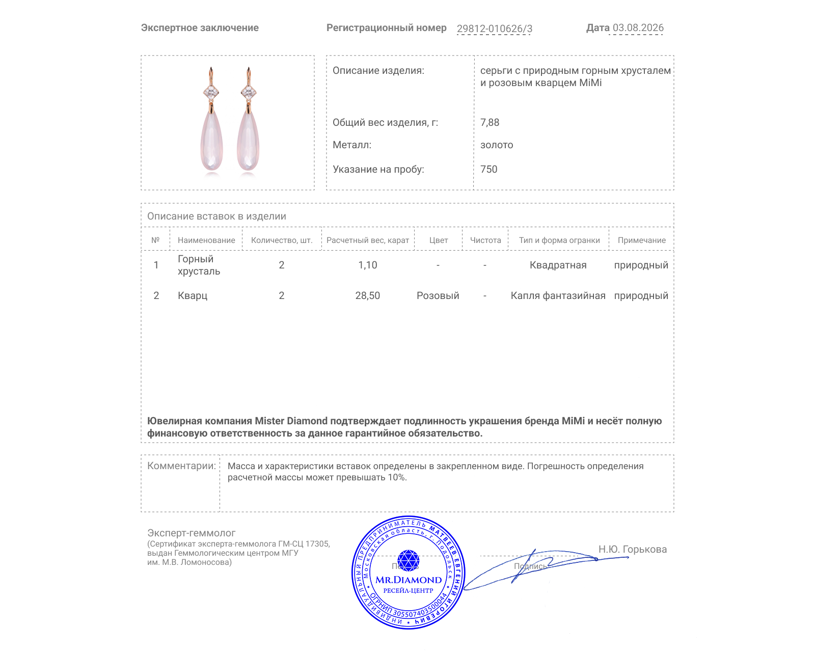 Оригинальные золотые серьги с розовым кварцем 28.50ct MiMi