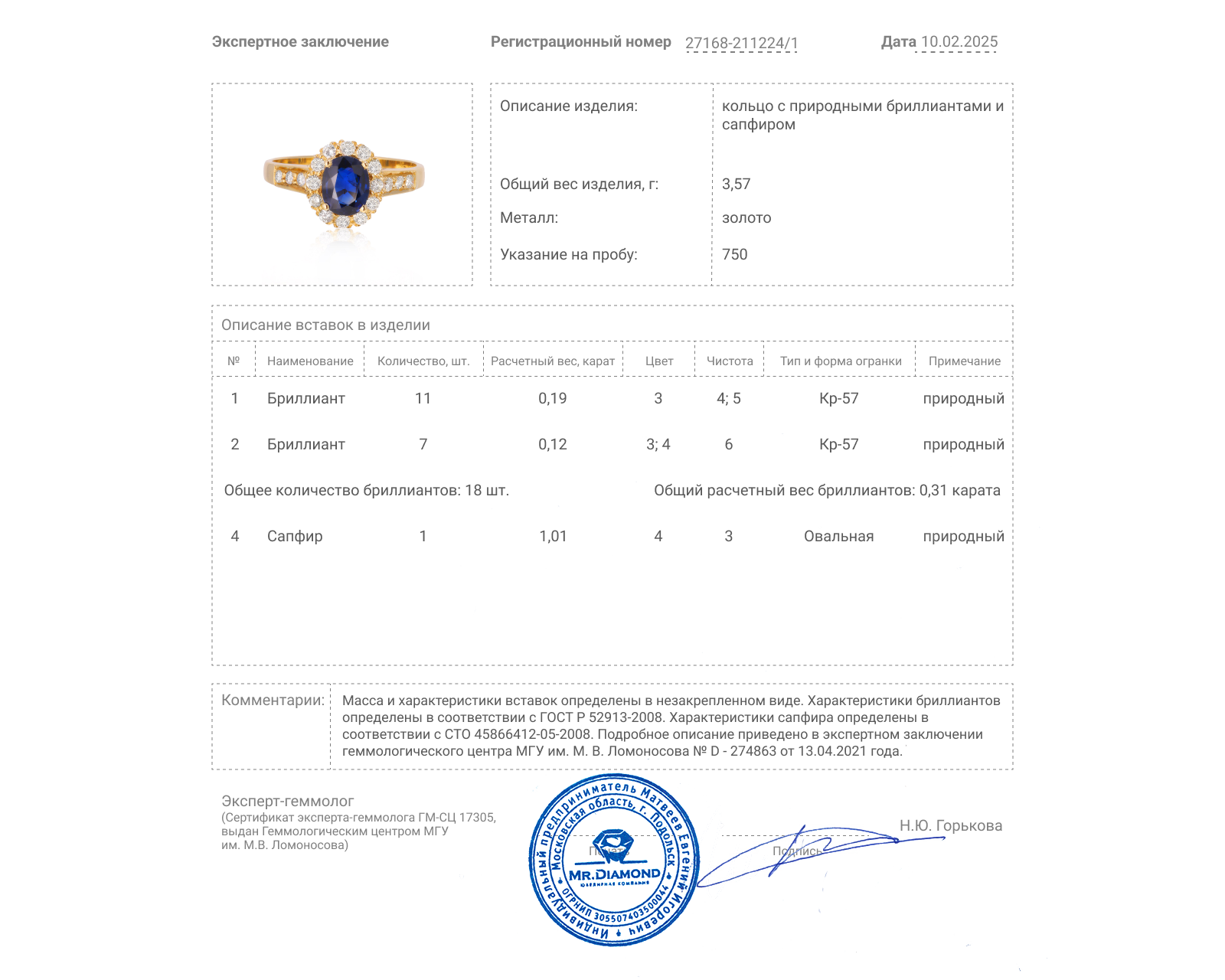 Золотое кольцо с сапфиром 1.01ct и бриллиантами 0.31ct