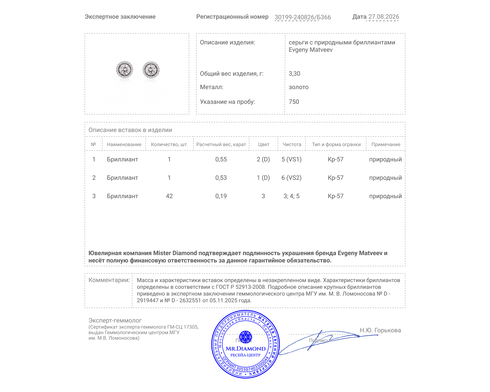 Золотые серьги с бриллиантами 1.27ct Evgeny Matveev