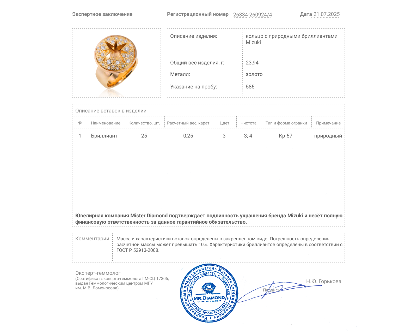 Оригинальное золотое кольцо с бриллиантами 0.25ct Mizuki Star