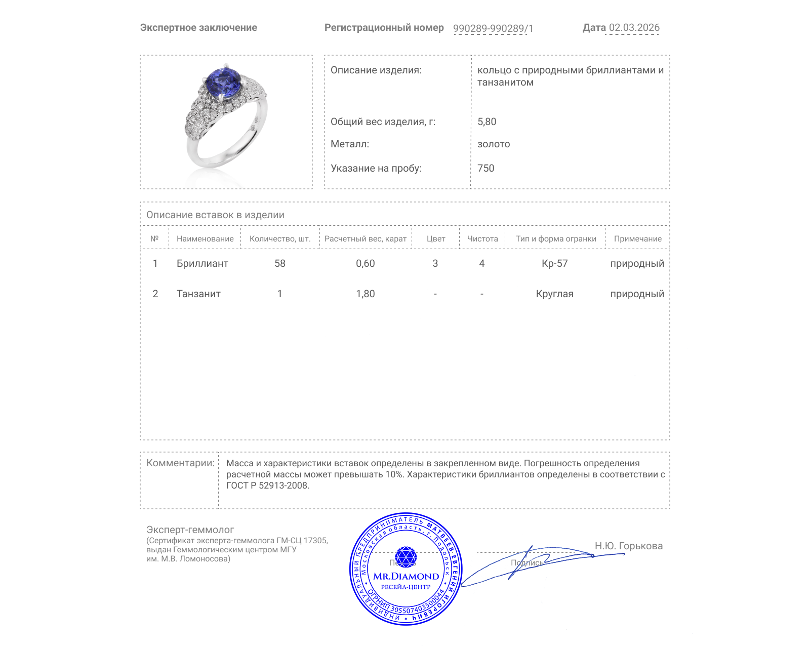 Золотое кольцо с танзанитом 1.80ct и бриллиантами 0.60ct