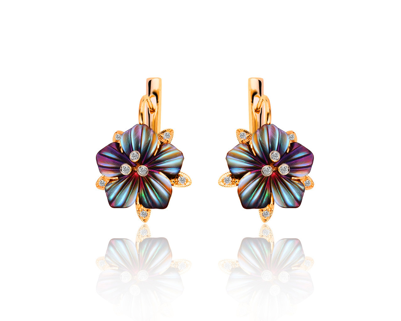 Изысканные золотые серьги с перламутром и бриллиантами 0.22ct 010719/18